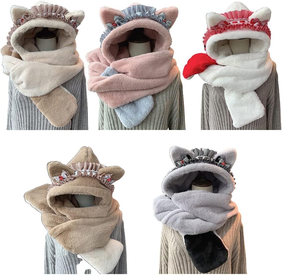 Scarf,3 in 1 Set Plush for Cat Ear Hat Scarf Gloves Beanie Hat Mitten with Pockets for Winter Daily Wear Scarf(Pink)