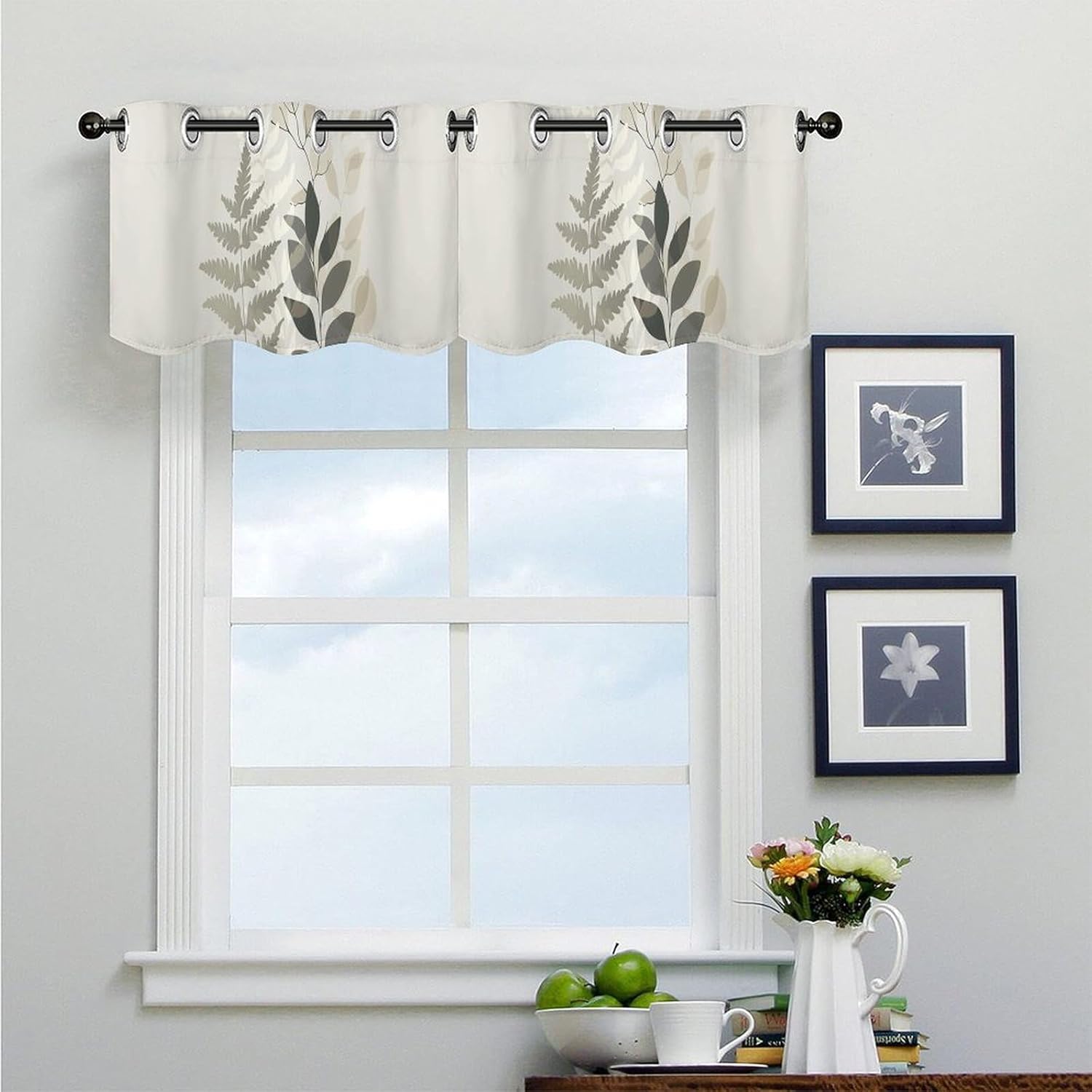 Gray Fern Pattern Valance for Windows, 2 Pack Kitchen Curtains Modern Home Decor, Soft Blackout Window Curtains for Living Room & Bedroom, 18 X 52 Inch