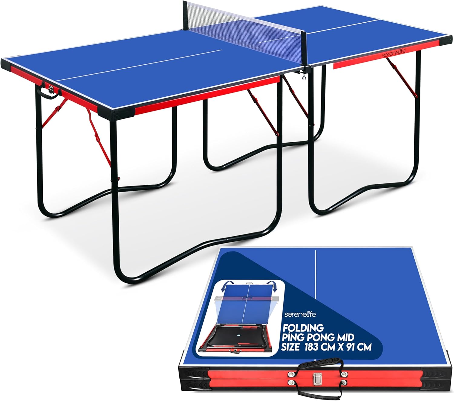 SereneLife 6x3 ft Portable Ping Pong Table - Foldable Midsize Table Tennis Set with Net, Posts & Clipper, Blue