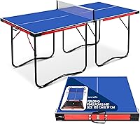 SereneLife 6x3 ft Portable Ping Pong Table - Foldable Midsize Table Tennis Set with Net, Posts & Clipper, Blue