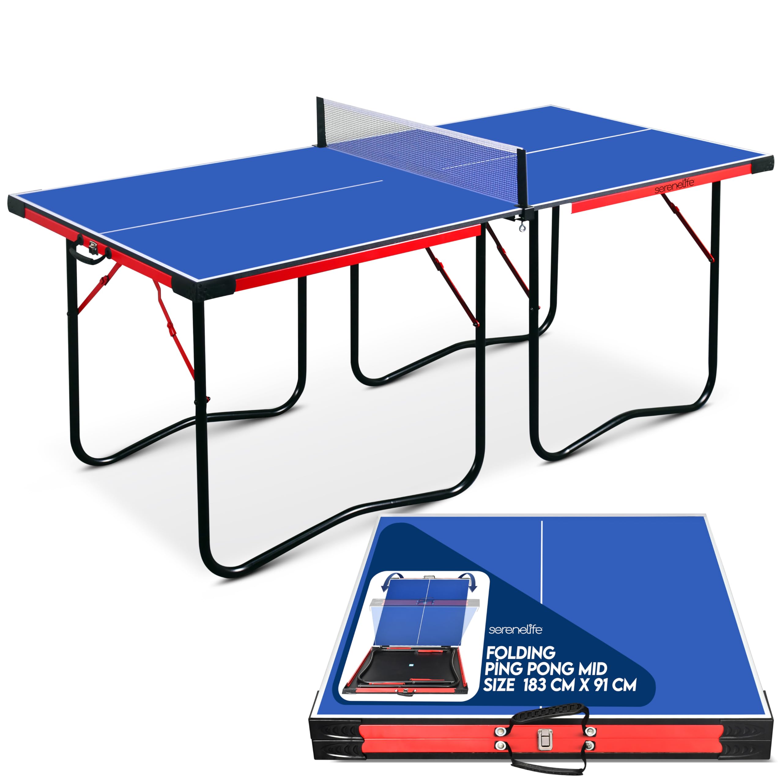 SereneLife Midsize Portable Ping Pong Table Set with Net, Clipper, Post - 6' x 3' Składany Space-Saving Design, Niebieski