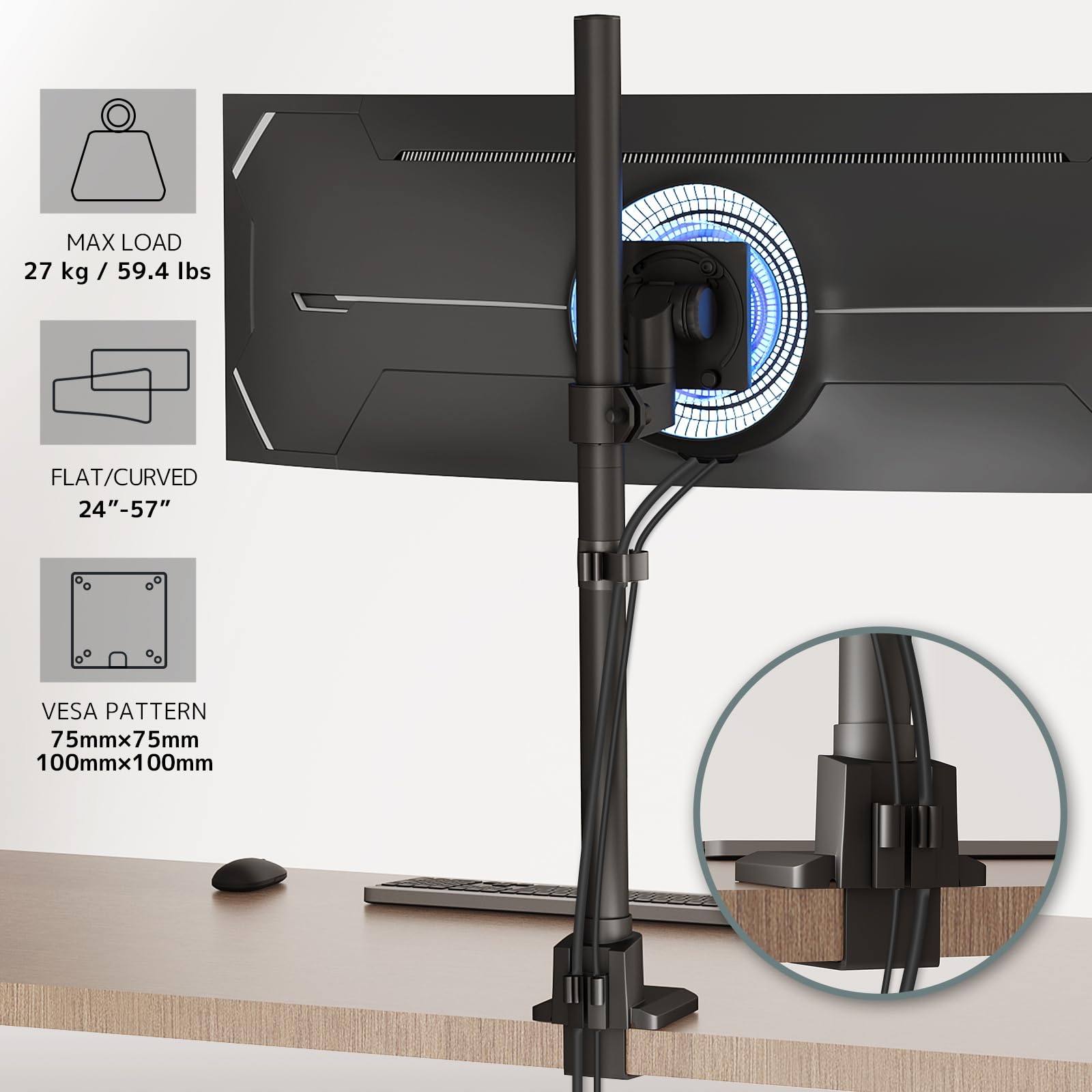 Uchwyt do monitora 1 monitor 24-57 cali – bardzo wysoka regulacja wysokości, stojak na monitor wytrzymuje do 27 kg, czarny