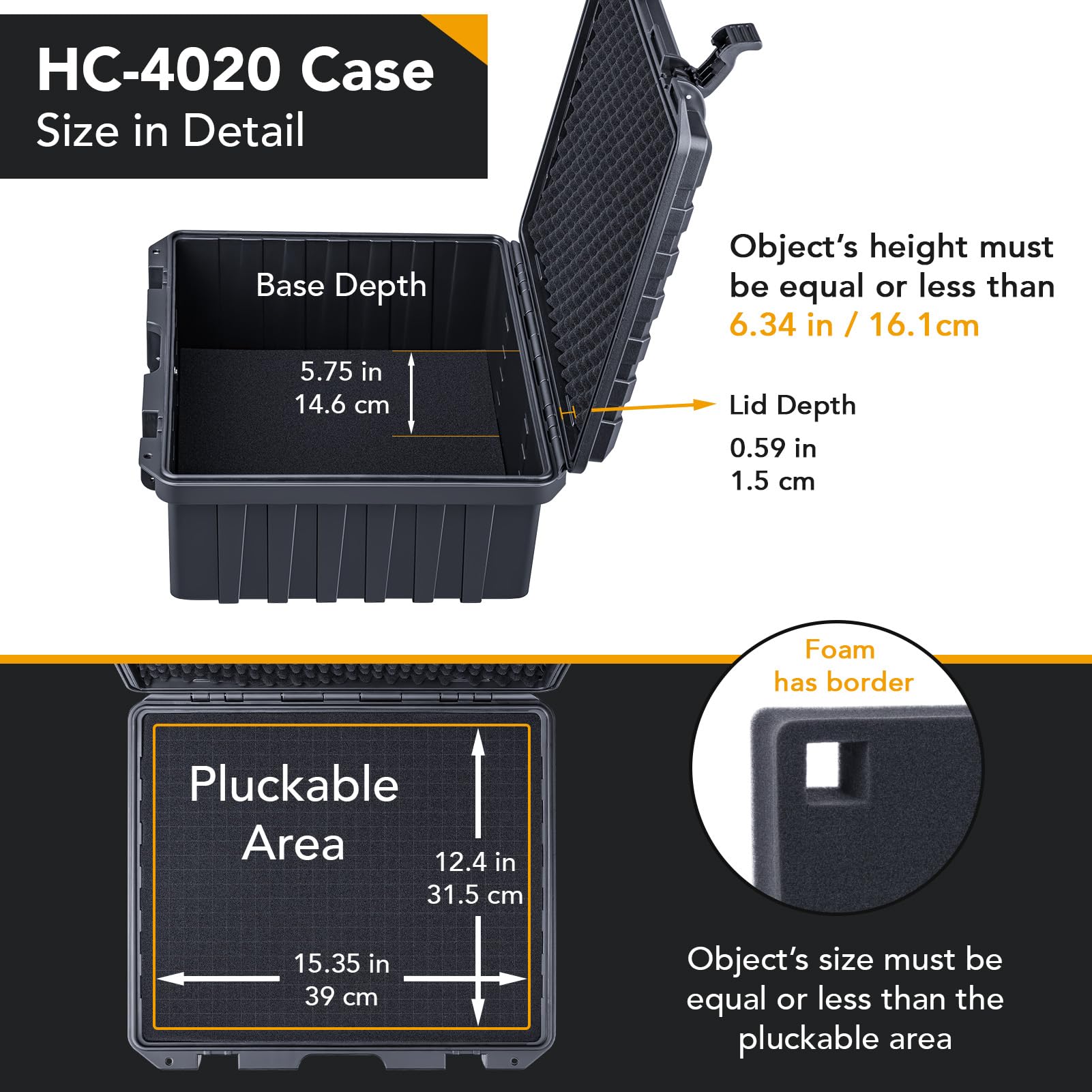 Lykus HC-4020 Custodia/Valigia/Case rigida impermeabile con schiuma personalizzabile, Dimensioni interne 40,5x33,4x17,8 cm, Adatto per laptop, dispositivi elettronici e altro ancora