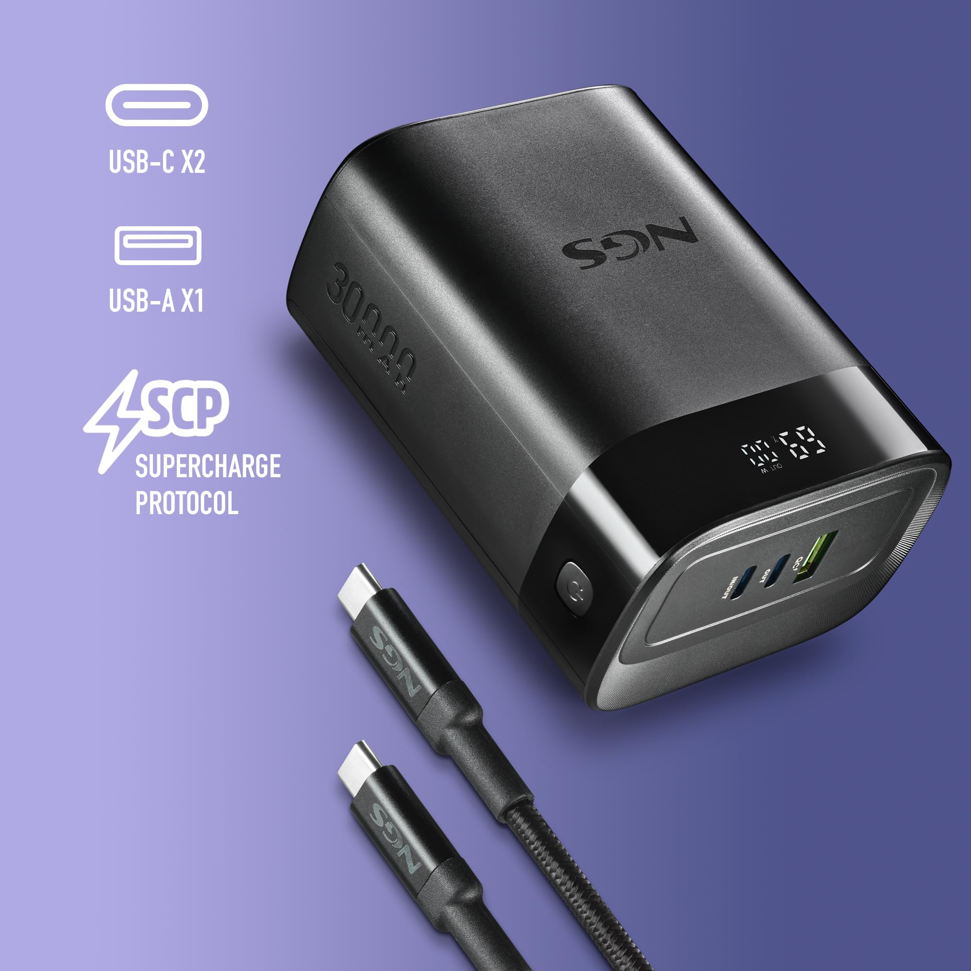 NGS Twix 30 - Batteria portatile 30000 mAh, 140 W, ricarica rapida, PD 3.1 per laptop, USB-C 30 W, USB-A QC 22,5 W, display LED, compatto e leggero, compatibile con iPhone, Samsung, Huawei