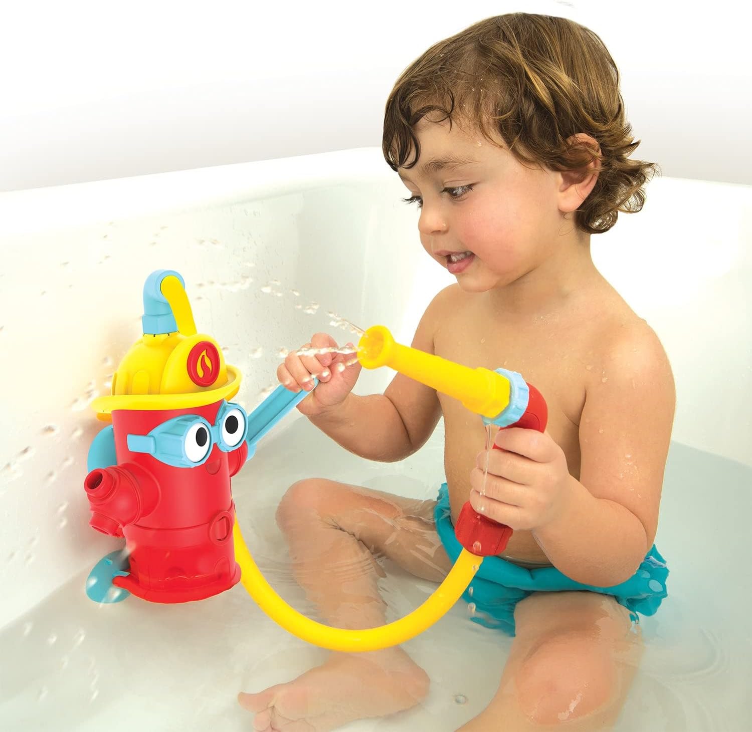 Yookidoo Baby Bath Toddler Toys (Ages 3+) - Ready Freddy Spray ‘N’ Sprinkle Fire Hydrant Bathtime Toy - Includes Hose, Spray Nozzle, Wheel, & Water Gauge - Attach to Any Bath Tub or Shower - Mold Free