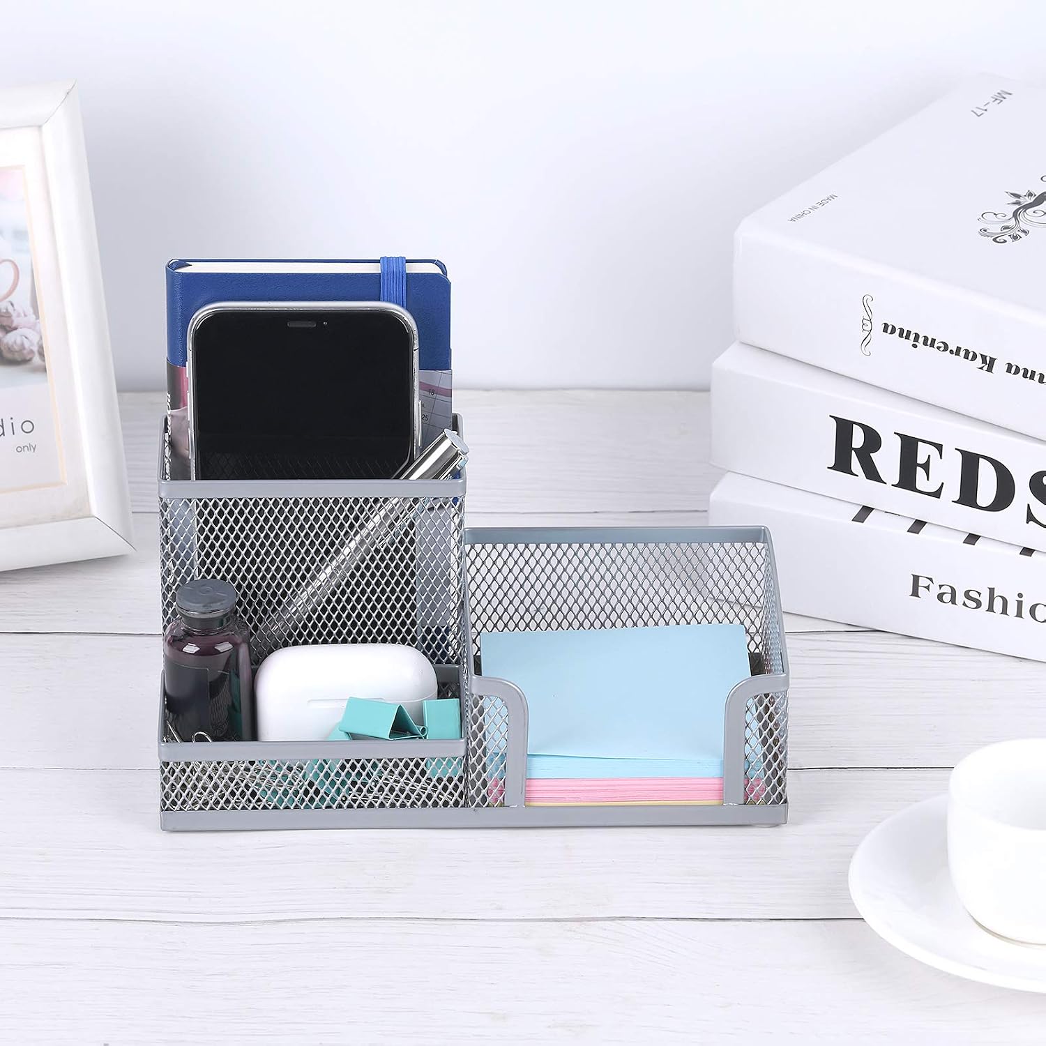 Comix Silver Pen Holder, Mesh Office Supplies Accessories Caddy with Sticky Notes Holder, Desk Organizer for Home, Office and School