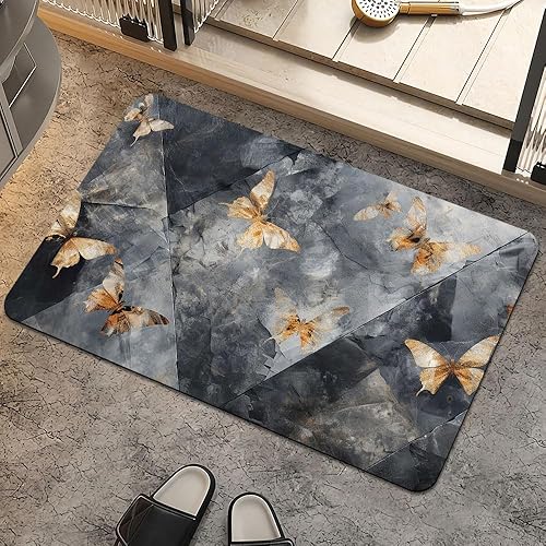 Alfombra de baño, mármol negro y gris, mariposa dorada, antideslizante, de secado rápido, súper absorbente, delgada, para debajo de la puerta, fácil