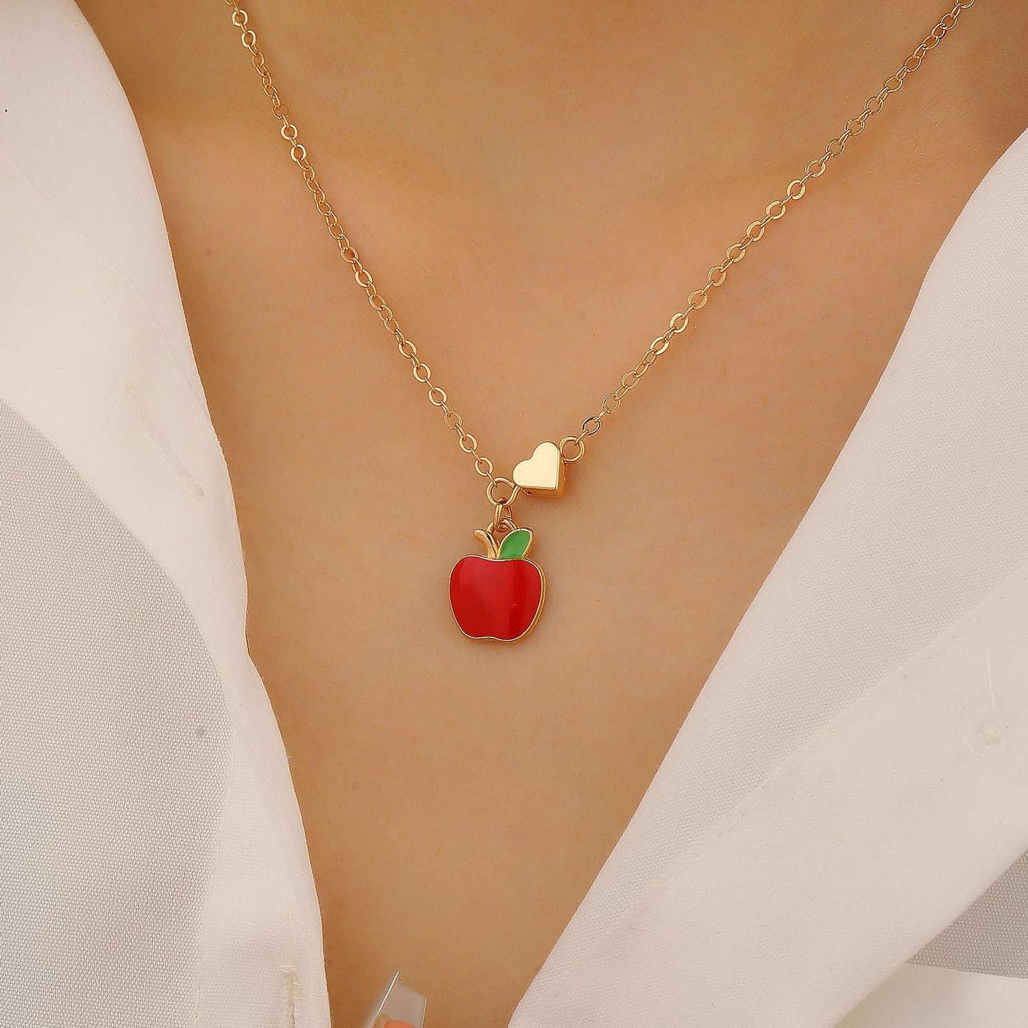 Strawberry Apple Cherry Pineapple Pendant Bracelet Necklace for Women Cute Fruit Heart Charm Jewelry Set Colorful Enamel Fruit Theme Neck Wrist Decors image 3