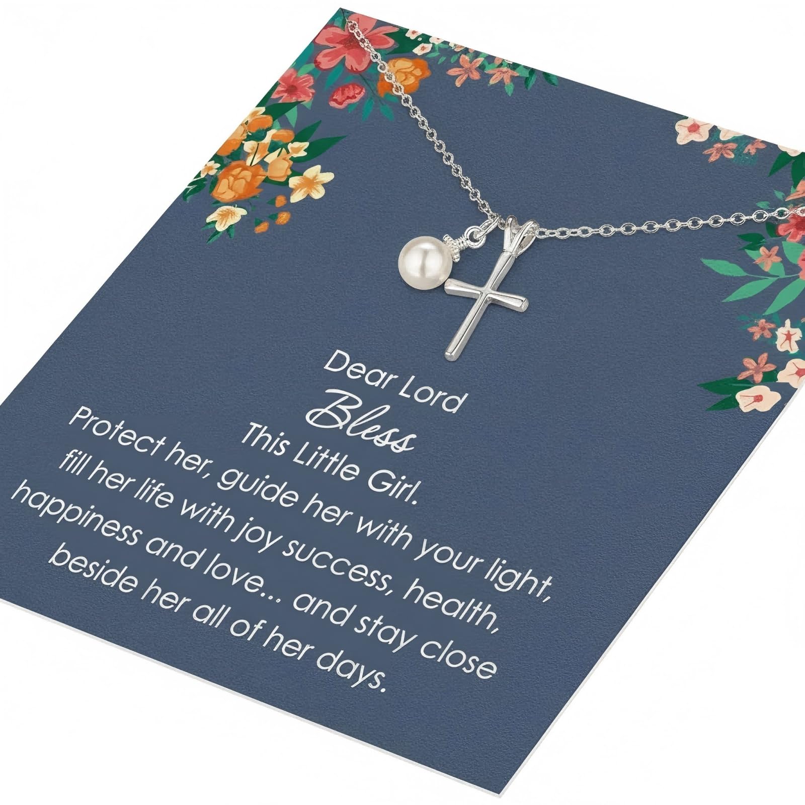 Sterling Silver Cross Necklace for Girls: 925 Silver Pearl Pendant Kids Jewelry for Girls 8-12, First Communion Confirmation Baptism Christening Gifts for Little Girl & Teenager Godchild