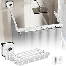 Foldable Shower Curtain Rail, Wall Mounted Shower Curtain Rod with Shower Curtain, No-Drill Suction Cup Laundry Organizer, Space-Saving Clothes Drying Rack for Bathroom White-5 Fold, 1.8x2m