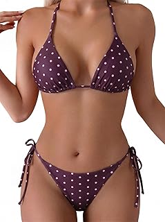 Women's Sexy Halter Thong Bikini Tie Two Sides Bottom Triangle Bikini Swimsuits