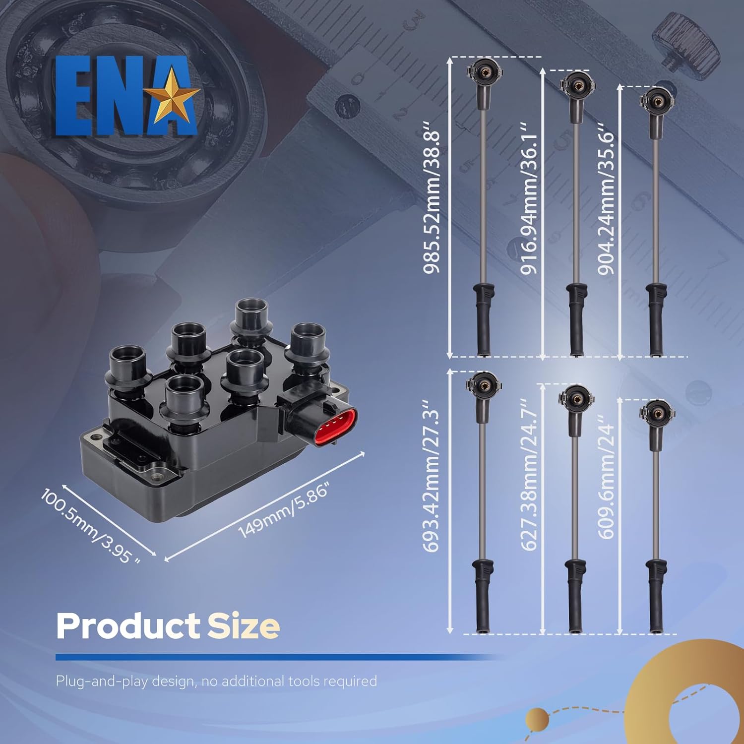 ENA Set of 1 Ignition Coil Pack and Wire Set Compatible with Ford Mazda Explorer Mustang Ranger B4000 2001 2002 2003 2004 2005 2006 2007 2008 2009 2010 2011 4.0L V6 Replacement for FD480 FD490 26686