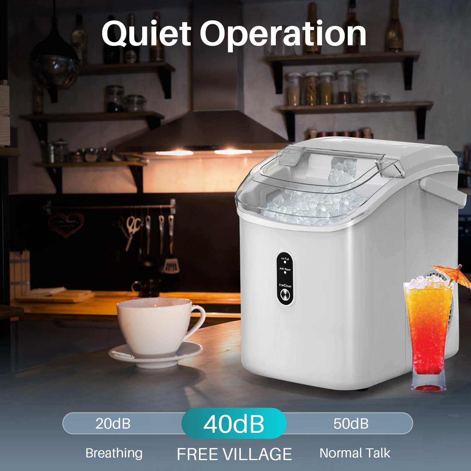 Free Village Nugget Ice Makers Countertop, Pebble Ice Maker Machine With Soft Chewable Ice, 34lbs/Day, Self-Cleaning, One-Click Operation, Pellet Ice Maker With Ice Scoop For Home Kitchen Office Bar on Fridge.com - View 6