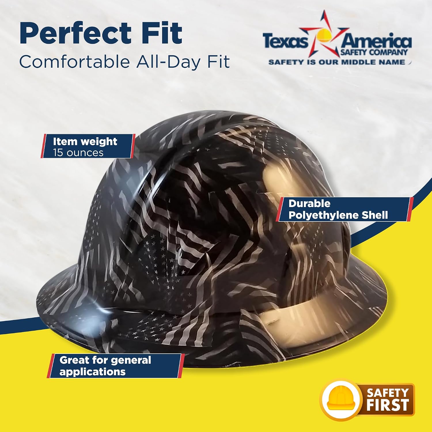 Covert USA Flag Hydro Dipped Hard Hat,Hard Hats for Men with Full Brim Style, American Flag Hard Hat with Pyramex Shell,Safety Hats for Men Work with 4 Point Ratchet Suspension.