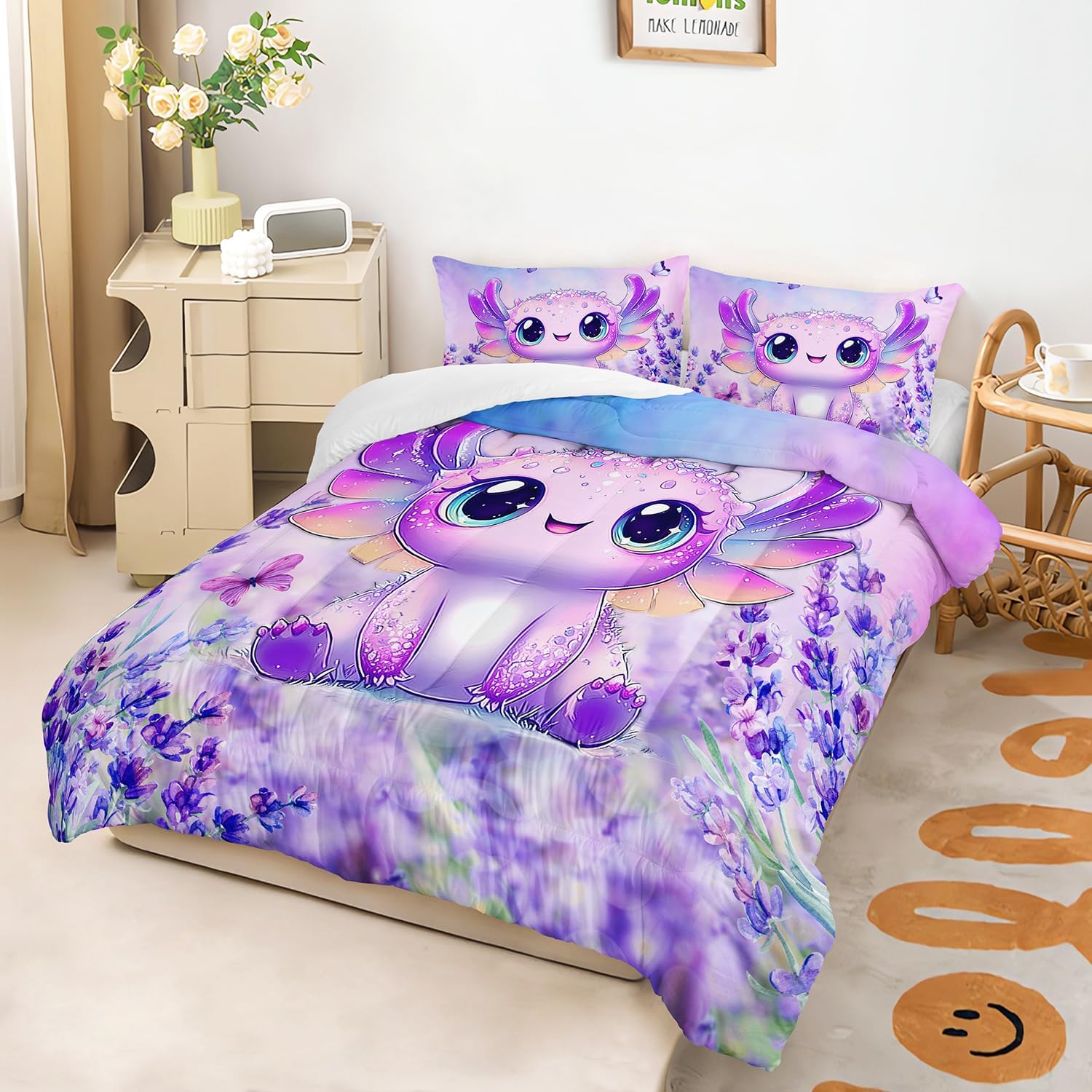 AILONEN Cartoon Axolotl Comforter Set Queen,Purple Axolotl Duvet Set,Beautiful Lavender Butterfly Axolotl Comforter Set for Kids,Kawaii Ocean Animal Axolotl Quilt with 2 Pillowcases,3Pcs