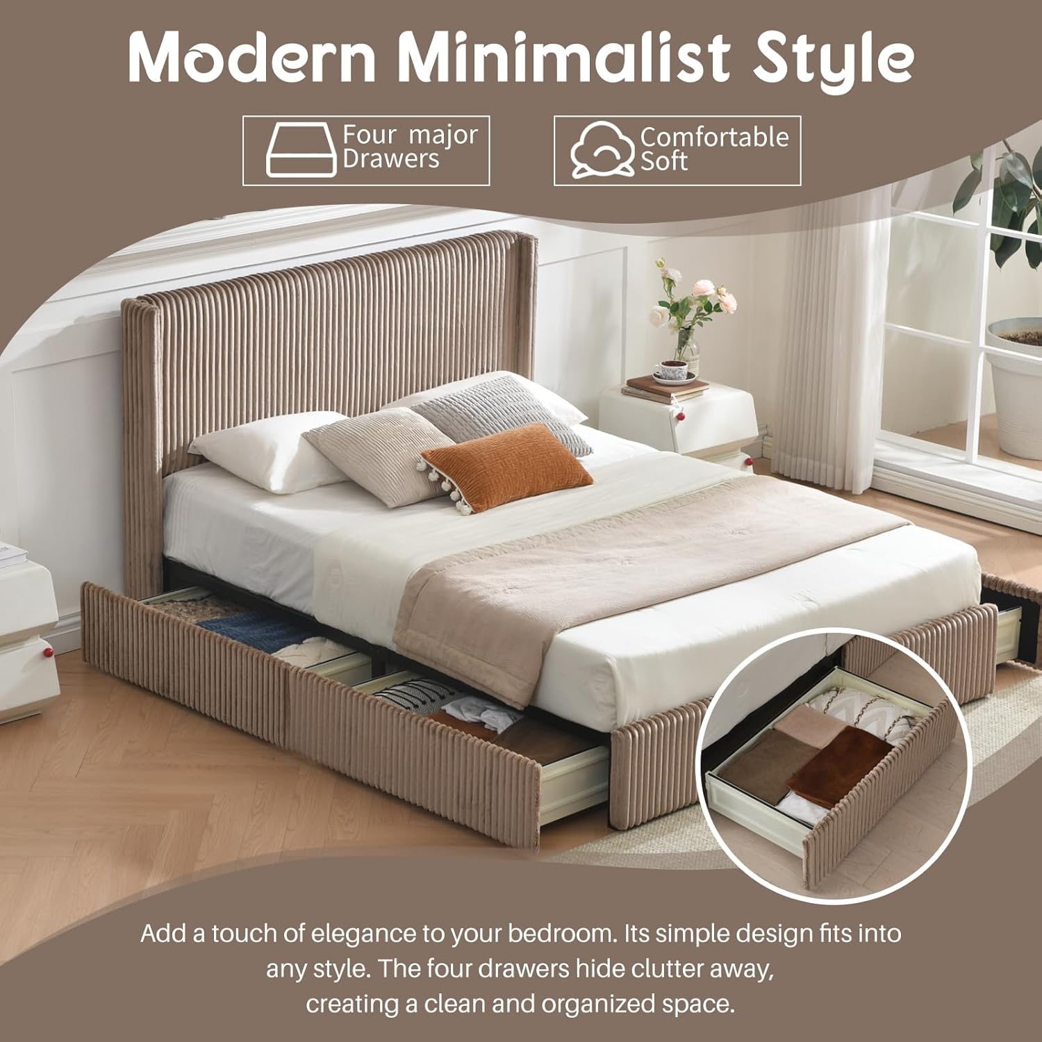 PINJU Full Size upholstered Bed Frame with 4 Storage Drawers, Modern Vertical-Striped wingback headboard, slatted Wood Support, Easy Assembly and no Noise (Brown, Full)