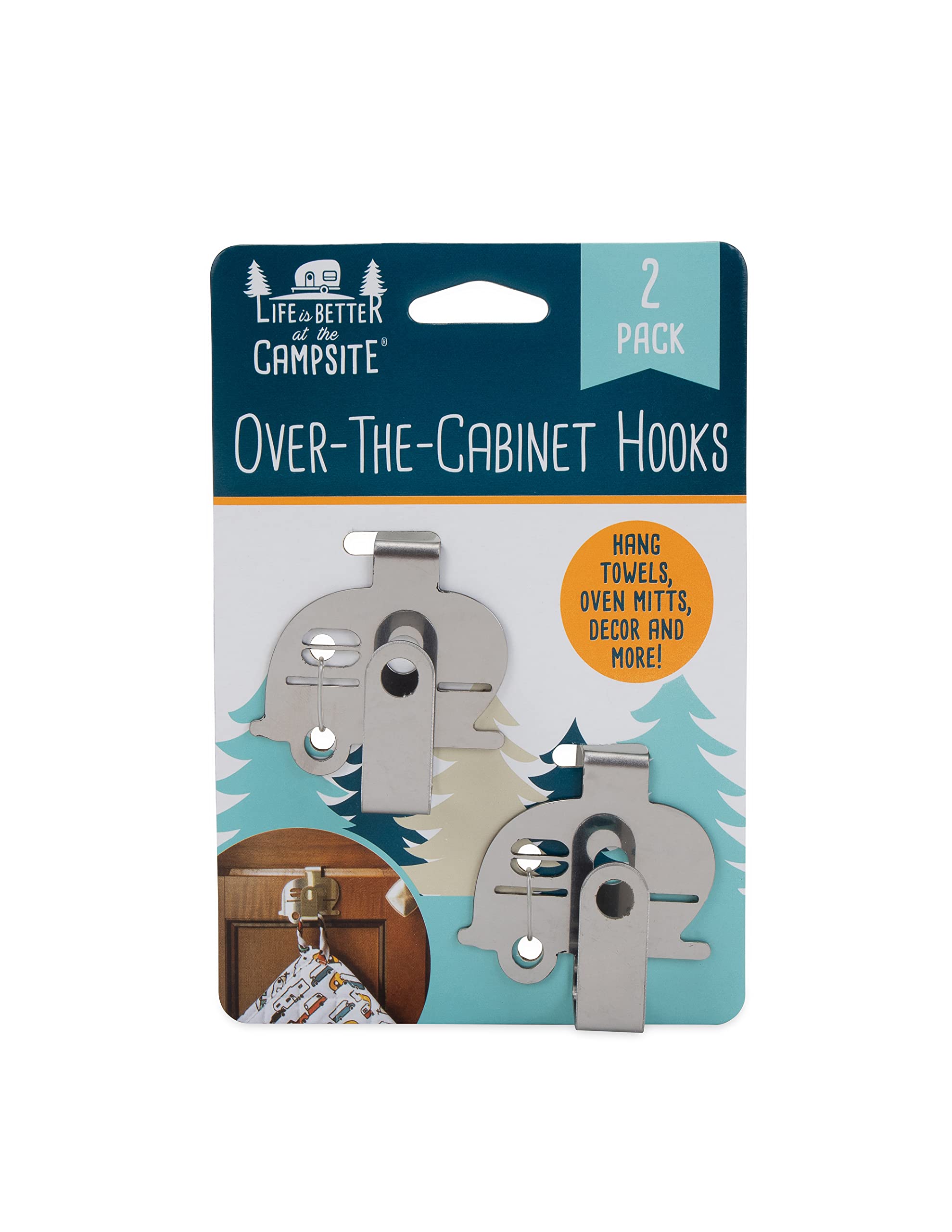 Camco Life is Better at The Campsite Over The-Cabinet Hooks | Wygodny w użyciu i pasuje do drzwi szafek o grubości 3/10.2 cm | wykonane ze stali nierdzewnej | 2-pak (53382)
