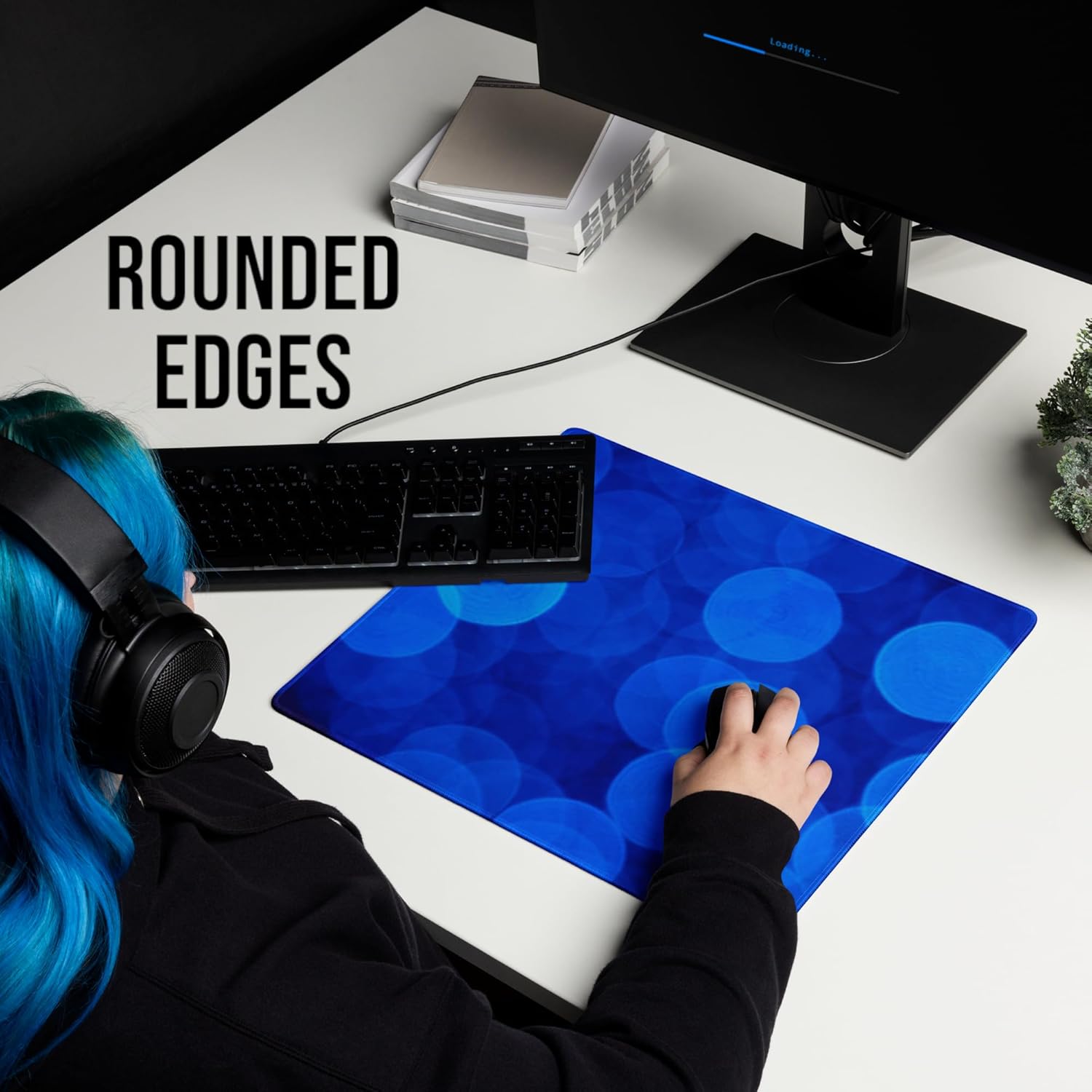 Mikoz Mouse Pad with Soft 100% Polyester Surface, Non-Slip Natural Rubber Base, Medium Size (18″ × 16″ × 0.12″), Rounded Edges, Blue Discs