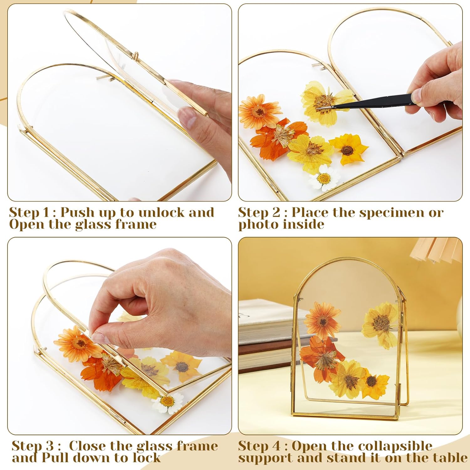 Vicenpal 4 Pcs 4 x 6 Inch Double Glass Frame for Pressed Flowers Vintage Metal Gold Floating Picture Frames Minimal Vertical Arched Photo Stand for Desk Tabletop Display(Gold)