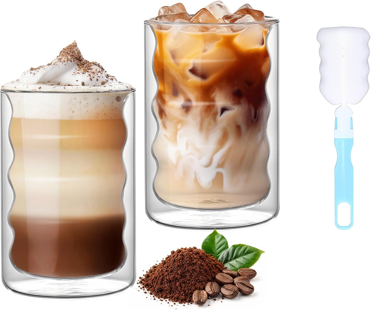 Zestaw 2 szklanek do latte macchiato 375 ml, podwójne ścianki – izolowane szklanki do kawy ze szczotką, duże szklanki termiczne do kawy, herbaty i cappuccino