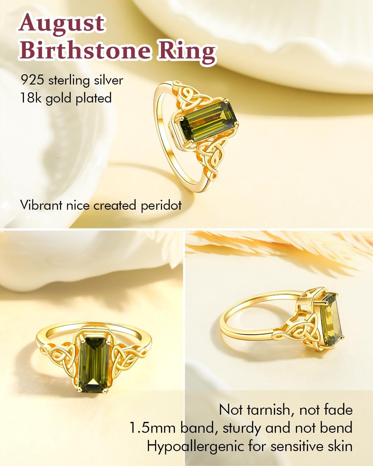 DAYBYDAY Celtic Birthstone Rings for Women, 925 Sterling Silver/18K Gold Plated Emerald Cut Celtic Knot Engagement Wedding Ring, Square Created Gemstone Promise Rings for Her Size 6-10