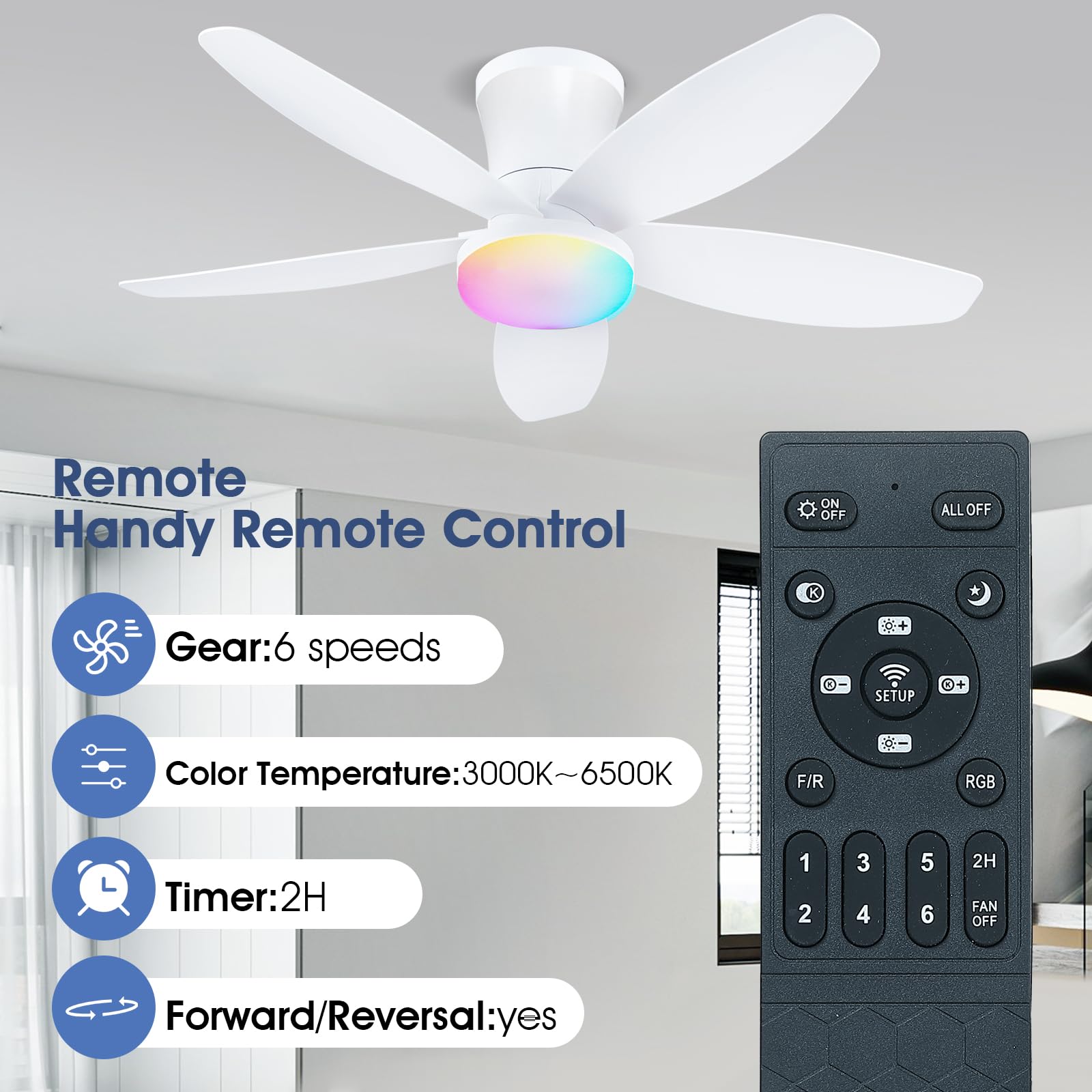 Surtime 92CM Deckenventilator mit RGB Beleuchtung und Fernbedienung/App-Steuerung, dimmbare LED-Deckenventilatoren
