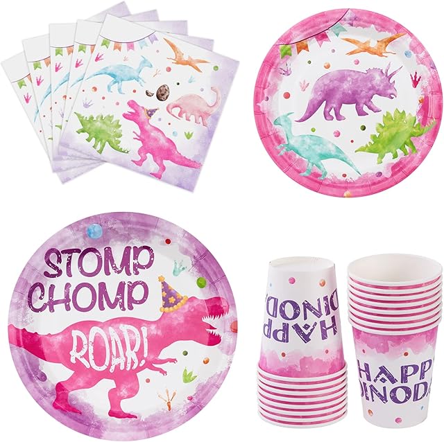 Watercolor Dinosaur Party Tableware Set - 64 PCS Dinosaur Birthday Party Supplies for Girls Kids Party Pack Includes Dinner Dessert Cake Plates Napkins Paper Cups Serves 16 Guests