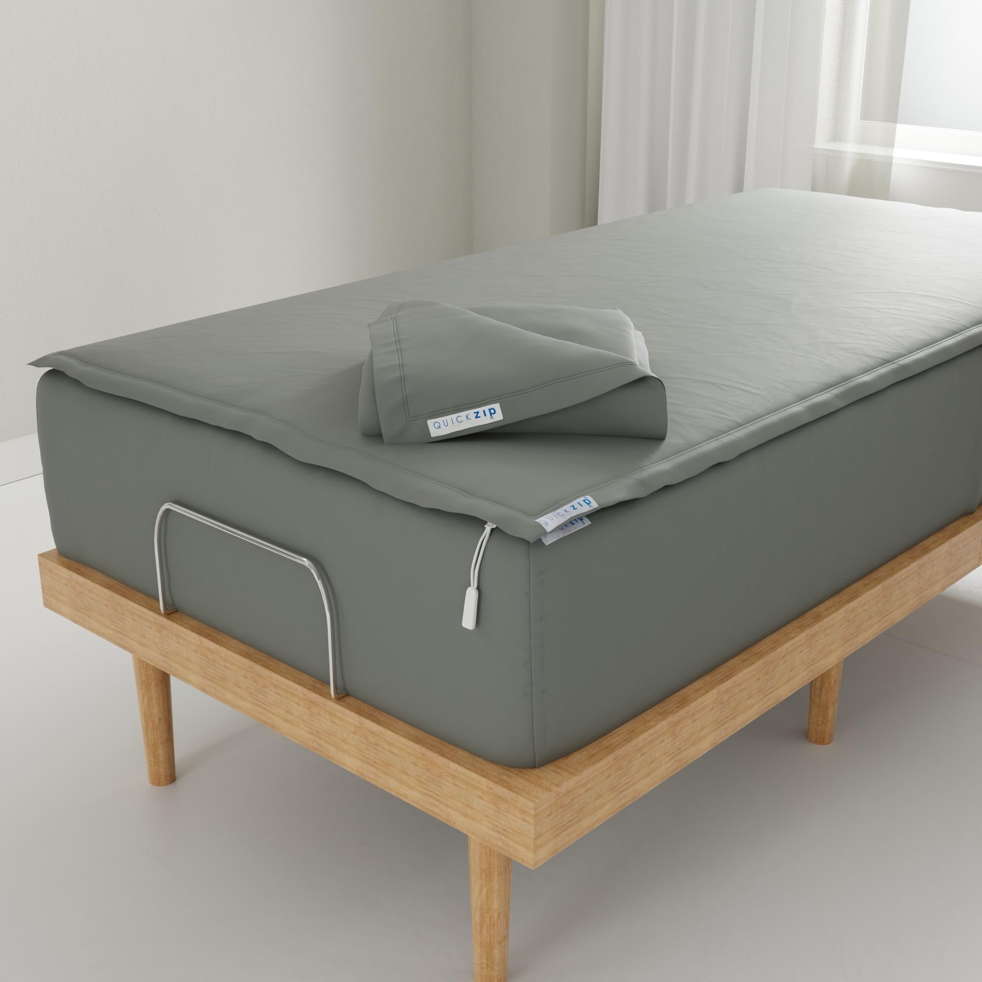QuickZip Fitted Plus Spare Bundle: 1 Fitted Sheet (Base + Zip Sheet) &amp; 1 Zip Sheet - Easy to Change, Won’t Pop Off - Soft Sateen 400 TC 100% Cotton 15” Deep Pockets Twin XL Size Sheets – Slate Gray