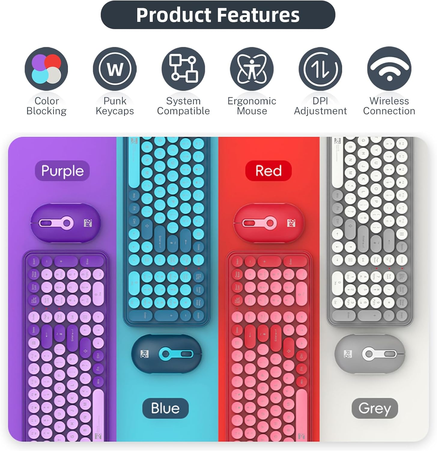 Wireless Keyboard and Mouse Combo, Retro Round Keycaps Dual-Color Design, 104 Keys Compact Full-Size, 2.4G USB, 3-Level DPI, Multimedia Keys, for Windows/Mac PC Laptop (Red)