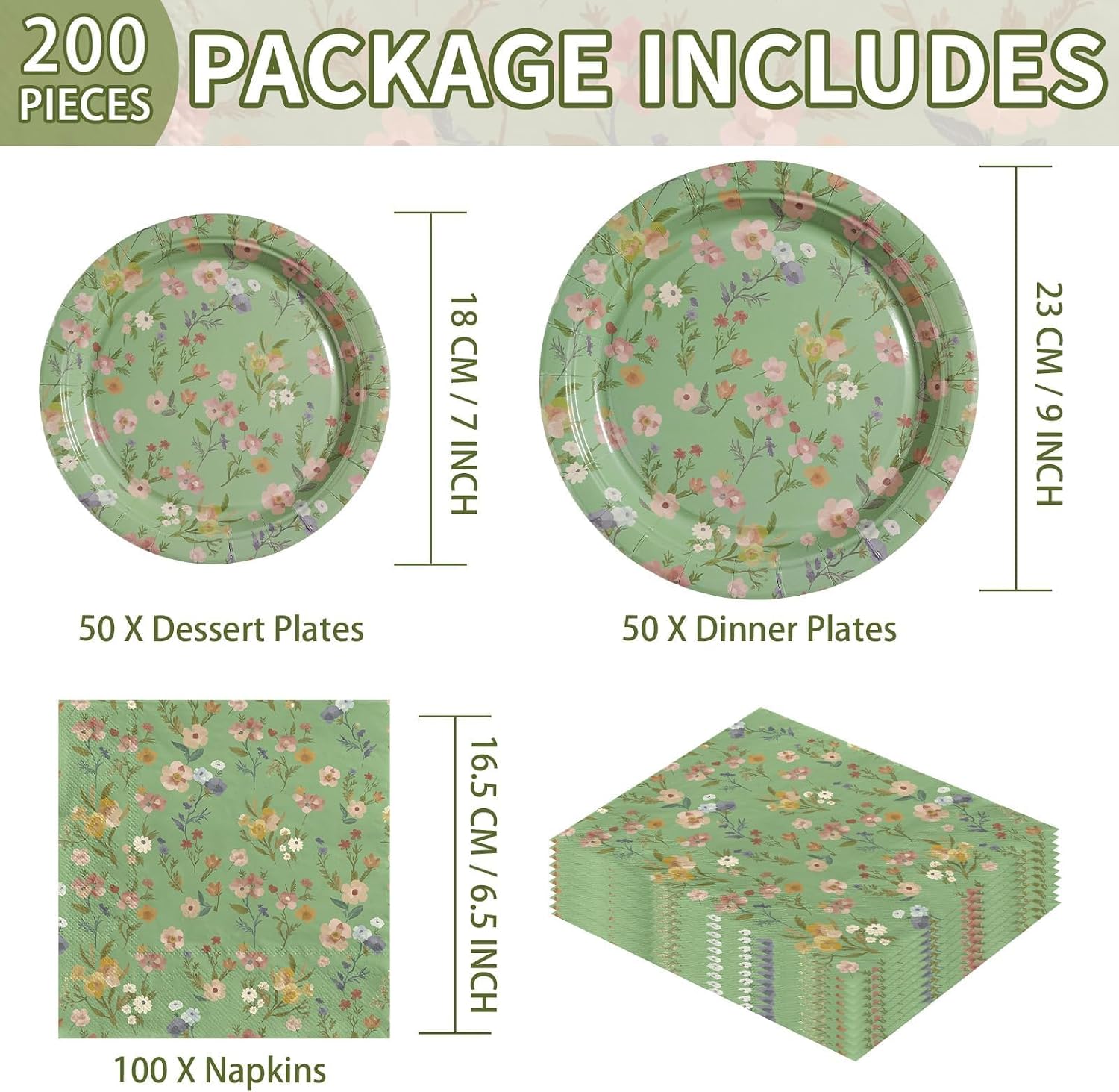 200 Pcs WildFlower Plates and Napkins Green Vintage WildFloral Party Supplies Greenery Disposable Flower Theme Tableware Set for Spring Wedding Birthday Tea Party Decorations Serves 50