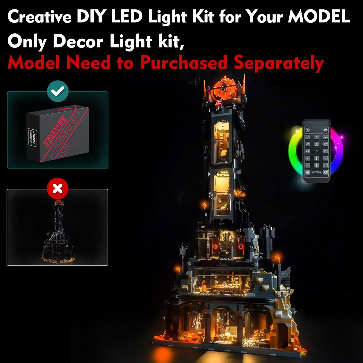 Customized RC Light Kit Compatible with Lego Barad Dur 10333, Decor Lighting Compatible with Lego 10333 Barad Dur Eye of Sauron Dark Tower Castle - ONLY Lights, NO Model