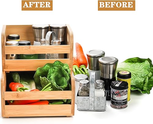 Miniatura 4 de DEAYOU Paquete de 2 contenedores de almacenamiento apilables de bambú caja de cesta de organización de alimentos naturales contenedor apilable