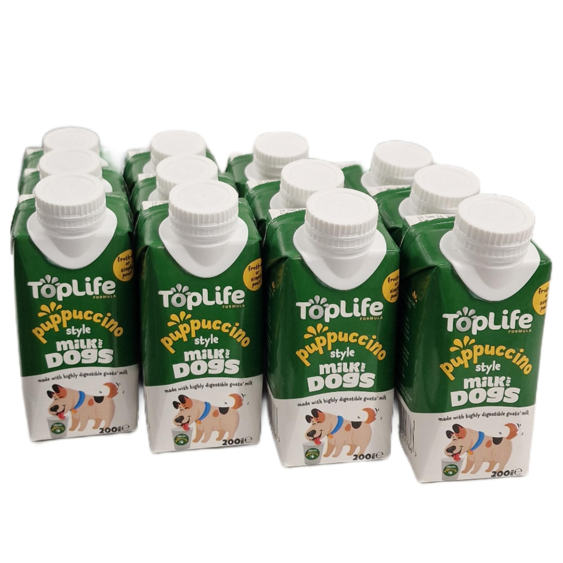 12x 200ml TopLife PUPPUCINO style milk for dogs (OVER 12 MONTHS OLD) - froth up or simply pour goats milk