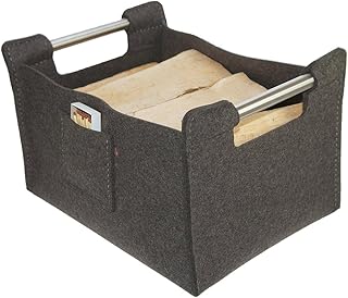 ebos panier en bois robuste, feutre de laine, poignées en acier inoxydable, utilisation polyvalente comme panier à bois de chauffage, panier de rangement, panier à journaux, panier de cheminée (gris)