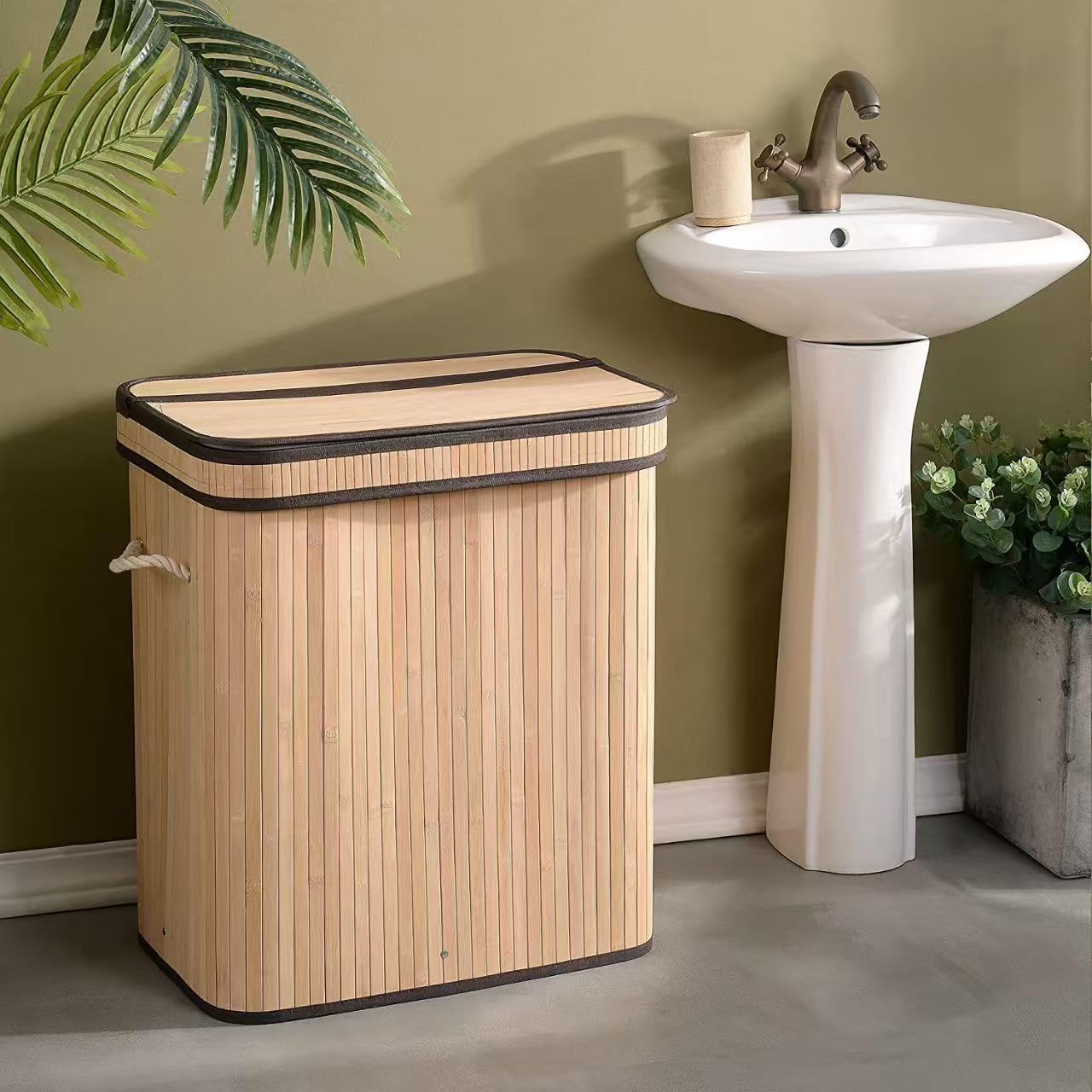 Mihoho Pattumiera Da 80 Litri In Bambù Con Coperchio, Pieghevole, Per Cucina, Esterno, Ufficio, 40x30x60 Cm