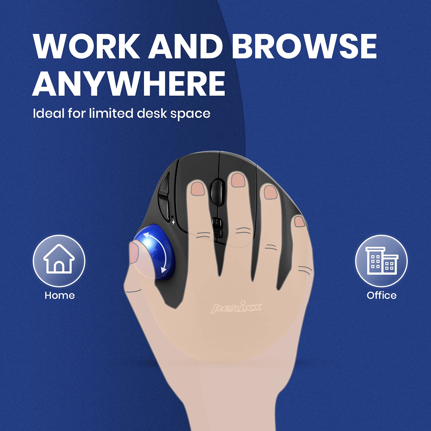 Perixx PERIPRO-801 Ratón Trackball Bluetooth, Diseño Trackball de 3,4cm, 2 Niveles dpi, Negro