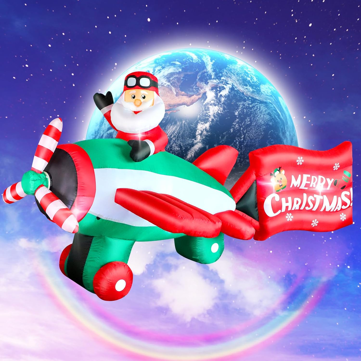 10.5FT Christmas Inflatables Santa Claus on Animated Helicopter, Giant Blow Up Santa Claus Flying Airplane, Lighted Inflatable Outdoor Decorations for Garden Yard Holiday Party Lawn Decor