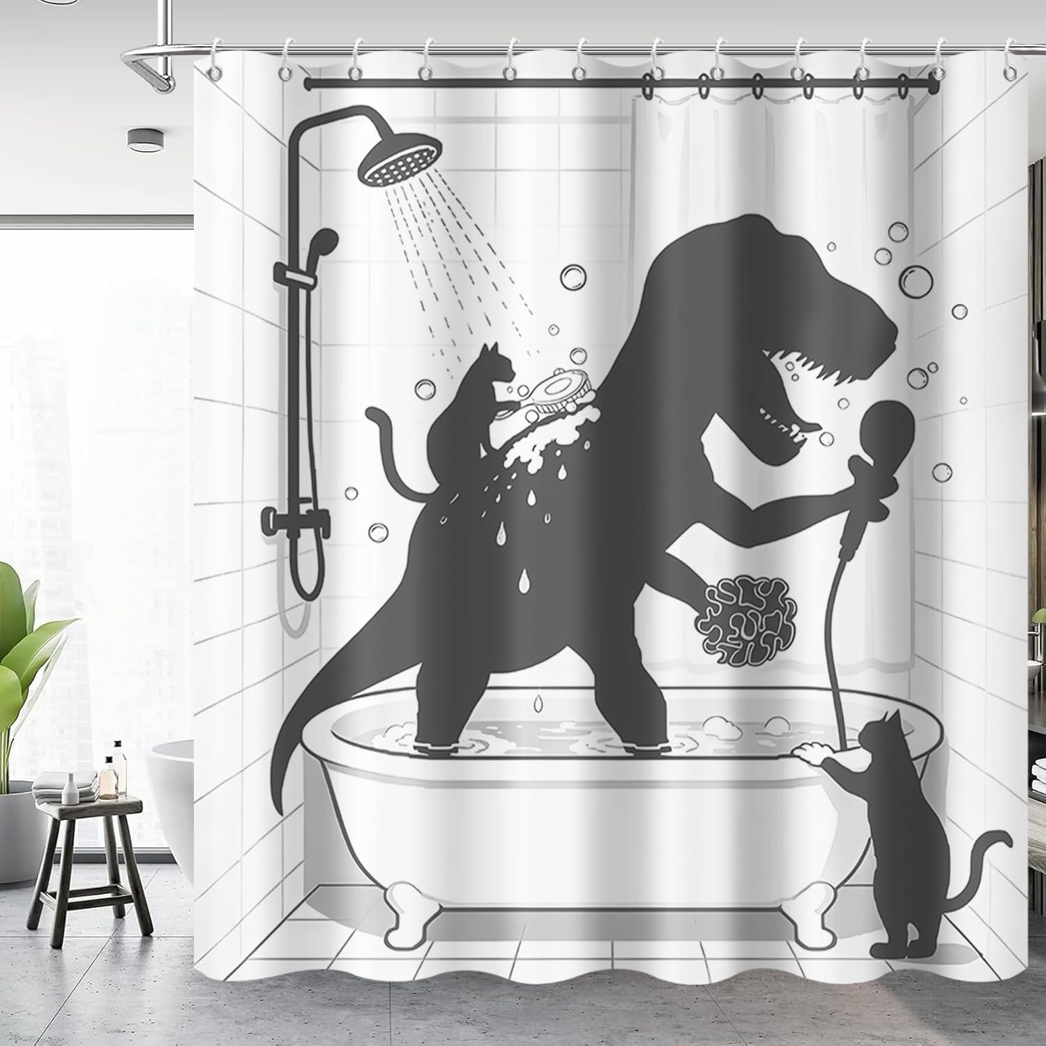 GCIREC Shower Curtain, 180x200cm, Funny Cute Cat Help Dinosaur Bath Abstract Waterproof & Mould-Resistant Fabric Bathroom Curtain Machine Washable with Hooks — image 1