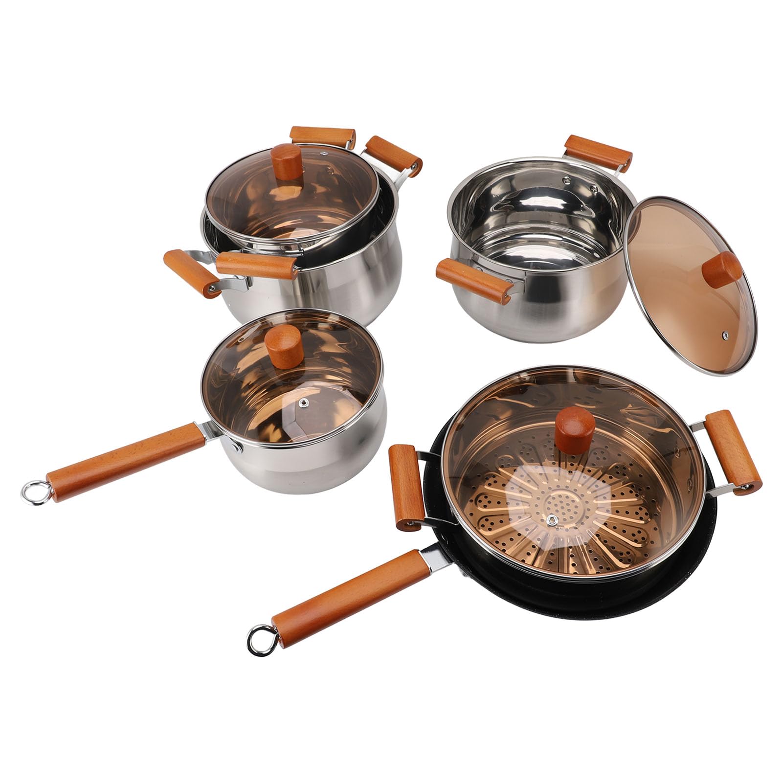 Headerbs Edelstahl-Kochgeschirrset, 201 Edelstahltöpfe und Dampfschale mit Zwei Holzgriffen und Glasdeckeln, Gleichmäßige Erwärmung Zum Dämpfen Kochender Suppen für Hobbyköche