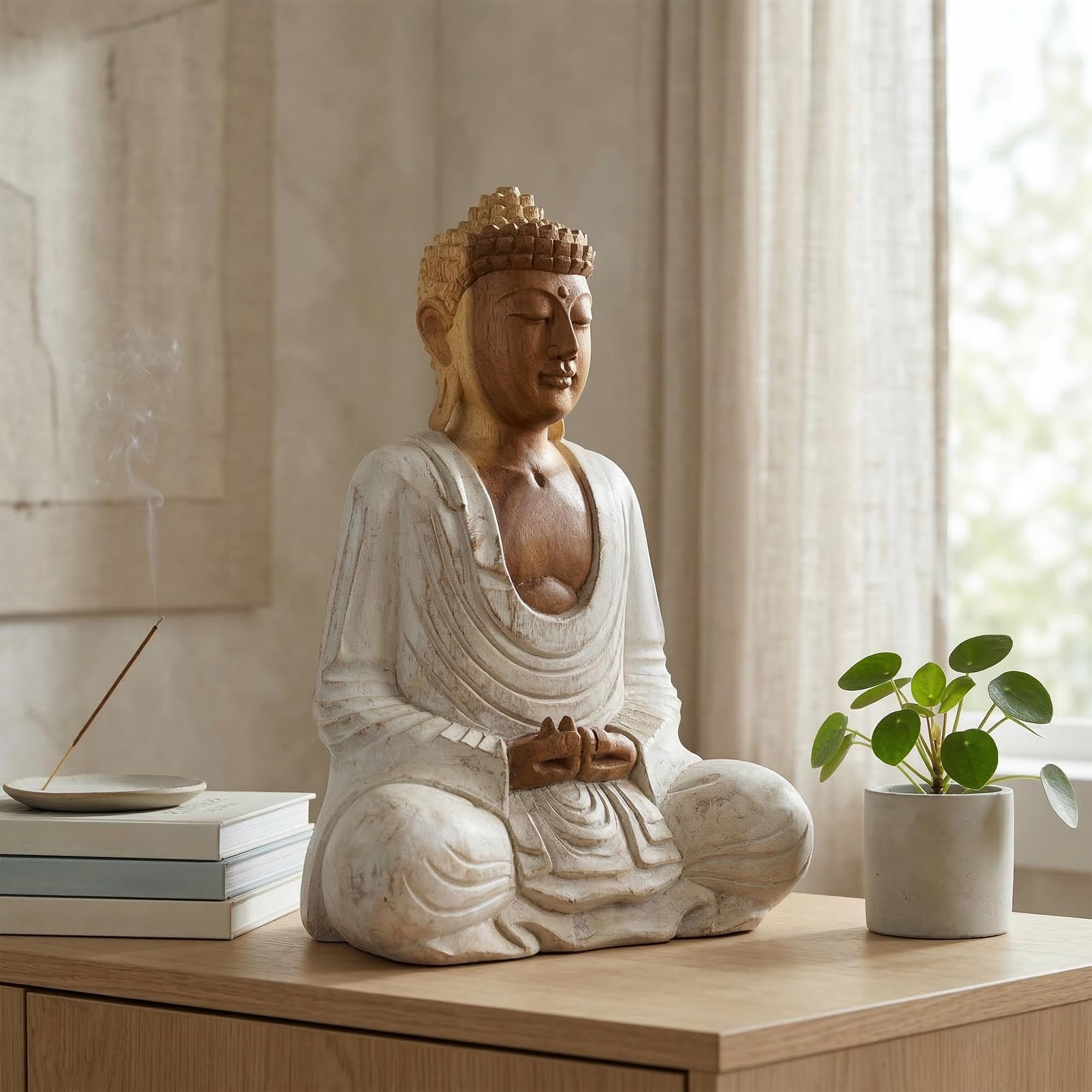 G6 Collection Statue de Bouddha en bois faite à la main en méditation sereine - Sculpture artisanale - Décoration d'intérieur (30,5 cm de haut - Blanchie)