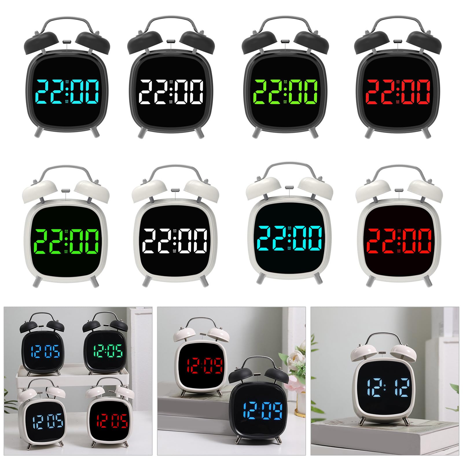 Reloj despertador digital de doble campana, alarmas de escritorio, pantalla regulable, fácil de leer, diseño de sonido progresivo, reloj despertador digital retro