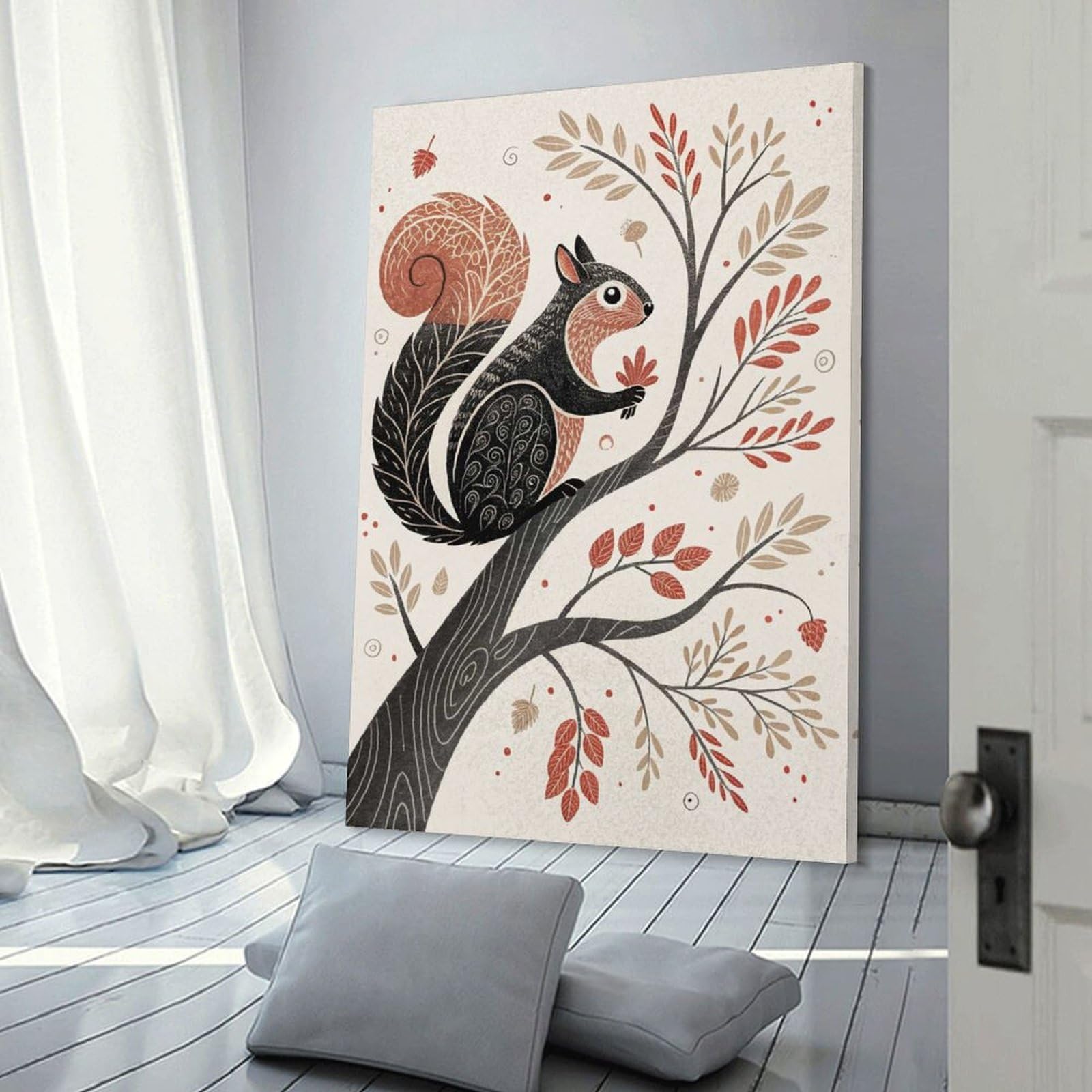 Junmoney Wall Picture Print Stylized Squirrel in Autumn Tree, 12x18inch(30x45cm), for Entrance Walls, Hall Decor Or Foyers, A Neat Decor Update for Hallways
