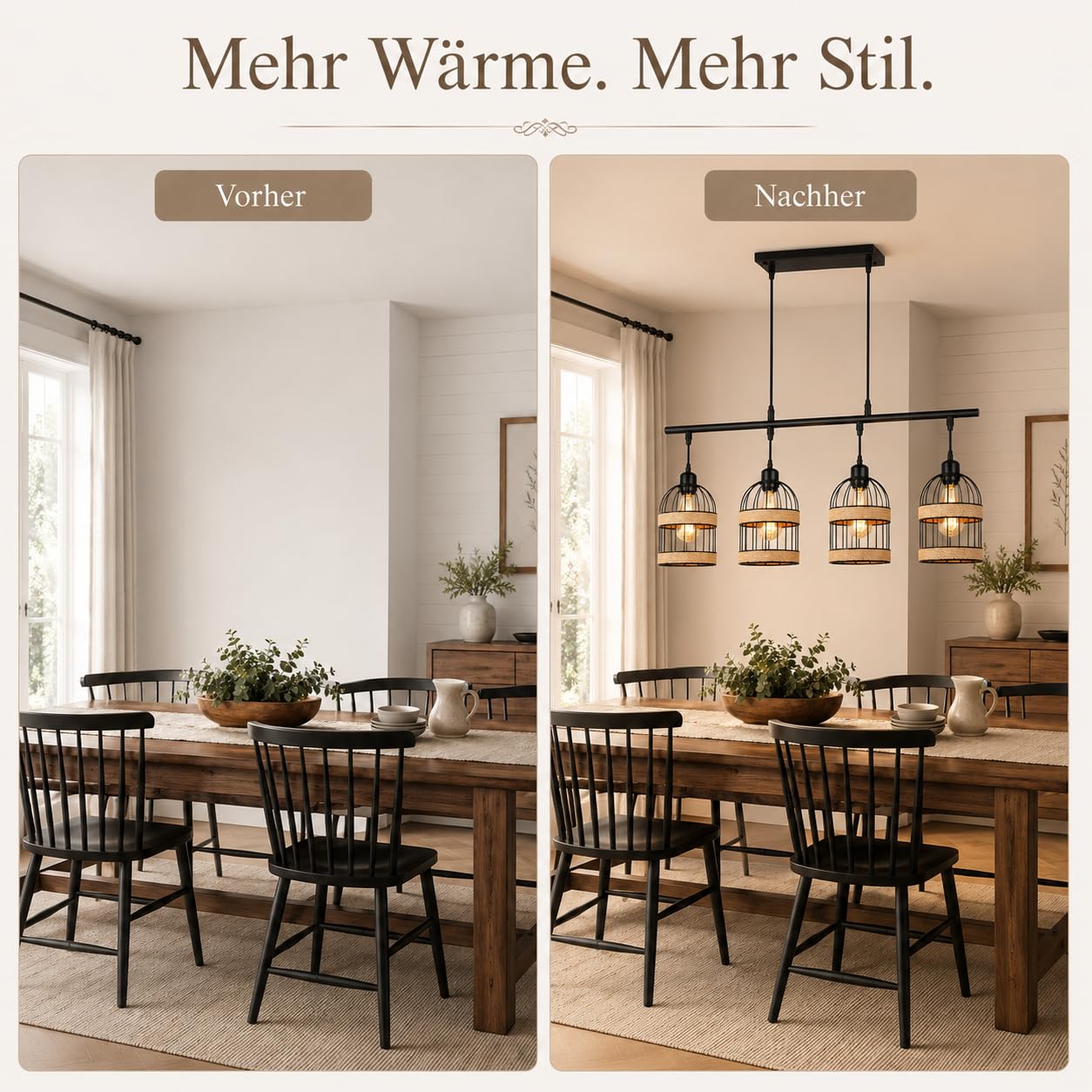 Pendelleuchte Esstisch Rattan Hängelampe 4-Flammig inkl. LED, Vintage Hängeleuchte Schwarz Höhenverstellbar für Esszimmer Kücheninsel Wohnzimmer, Boho Esstischlampe Kronleuchter E27