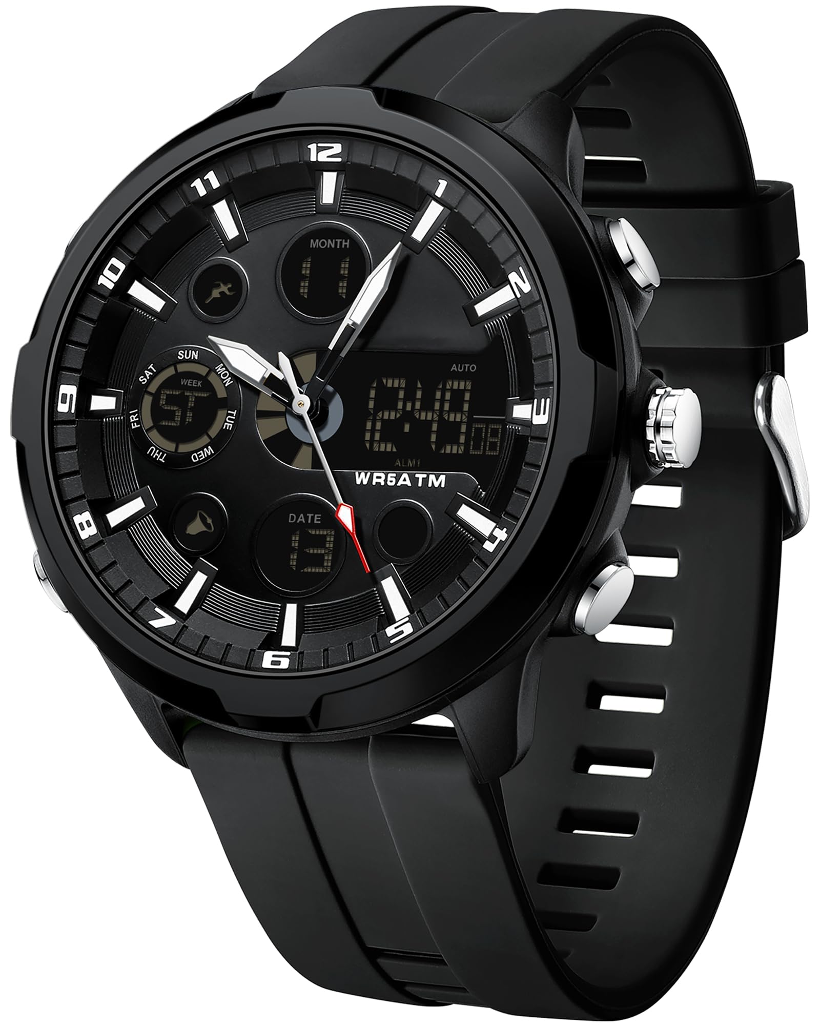 findtime Montre de sport numérique étanche pour homme, alarme, chronomètre, veilleuse, alertes horaires, grand cadran en silicone, montre militaire pour gym, natation, course à pied, utilisation