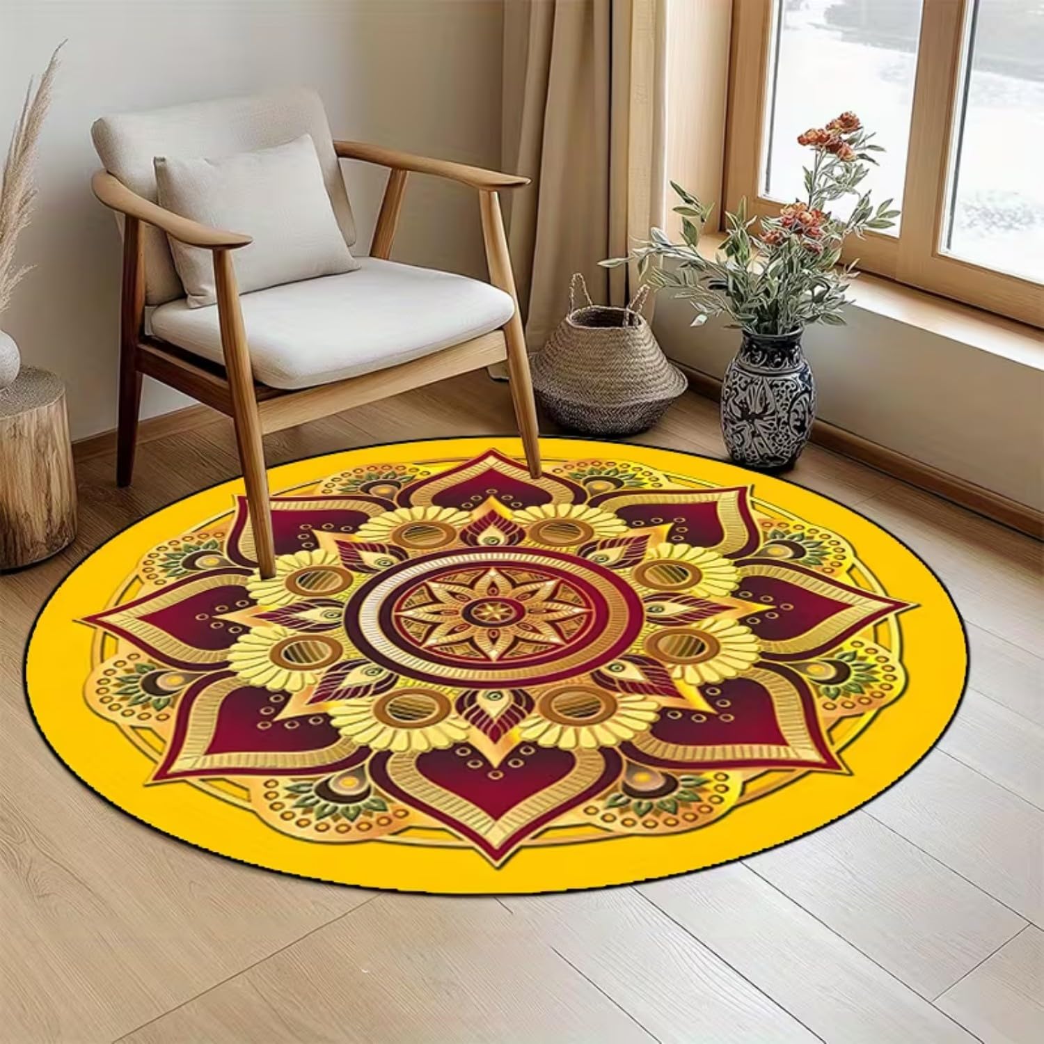 Mandala Rund Teppiche, 100x100cm Gelber, Runder Teppich im Boho Stil Wohn Schlafzimmer, Vintage Teppich Indischen Geometrischen Design, Weicher, Rutschfester, Waschbarer Kurzflorteppich