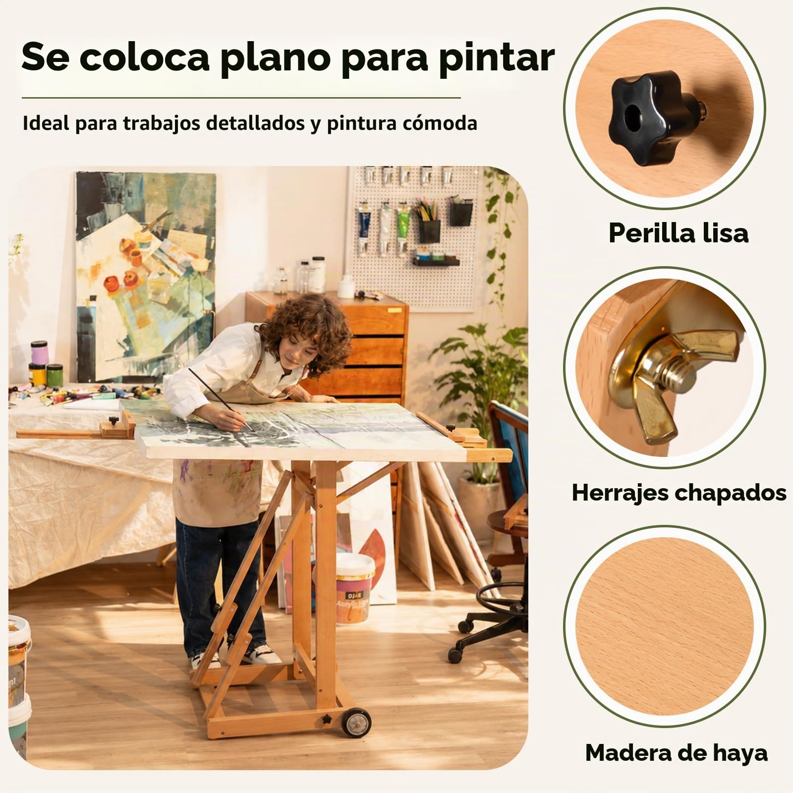 DJAR Caballete de Estudio Grande en H, Caballete de Suelo Ajustable de Madera de Haya Maciza, Inclinable Plano, Soporta 1 o 2 Lienzos hasta 198 cm