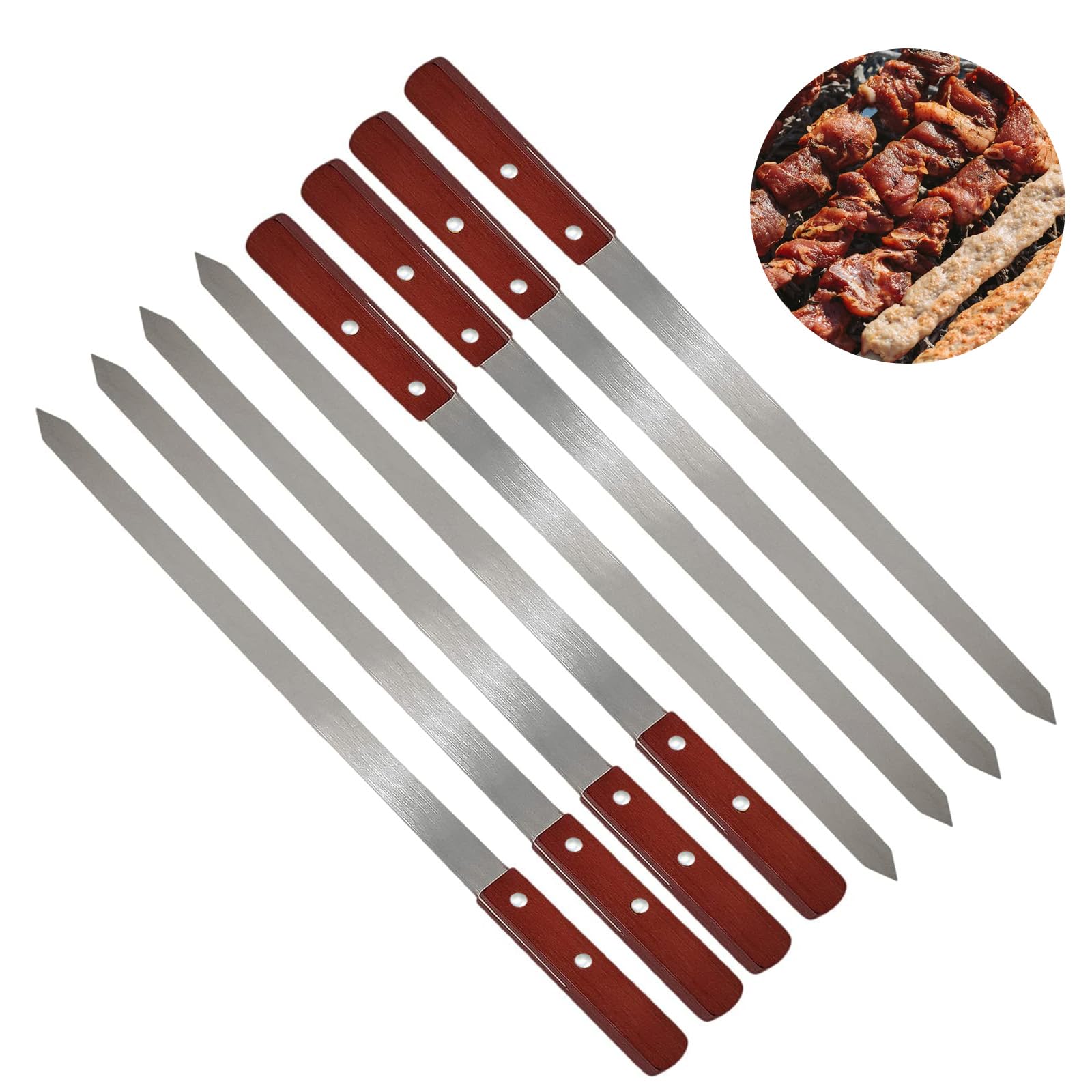 Kebab Skewers 19.7in/50cm Flat Metal Skewer for Persian/Armenian Style BBQ Reusable Stainless Steel Barbecue Skewers with Wooden