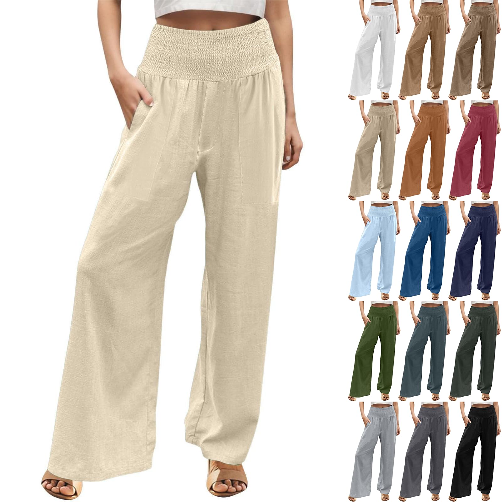 Linen Pants Women Boho Casual Flowy Smocked High Waisted Wide Leg Trousers with Pockets Beach Fashion Lightweight Cute Summer Ladies Gauze Comfy Soft Tall Cover Up Pants Women's Bottoms Green