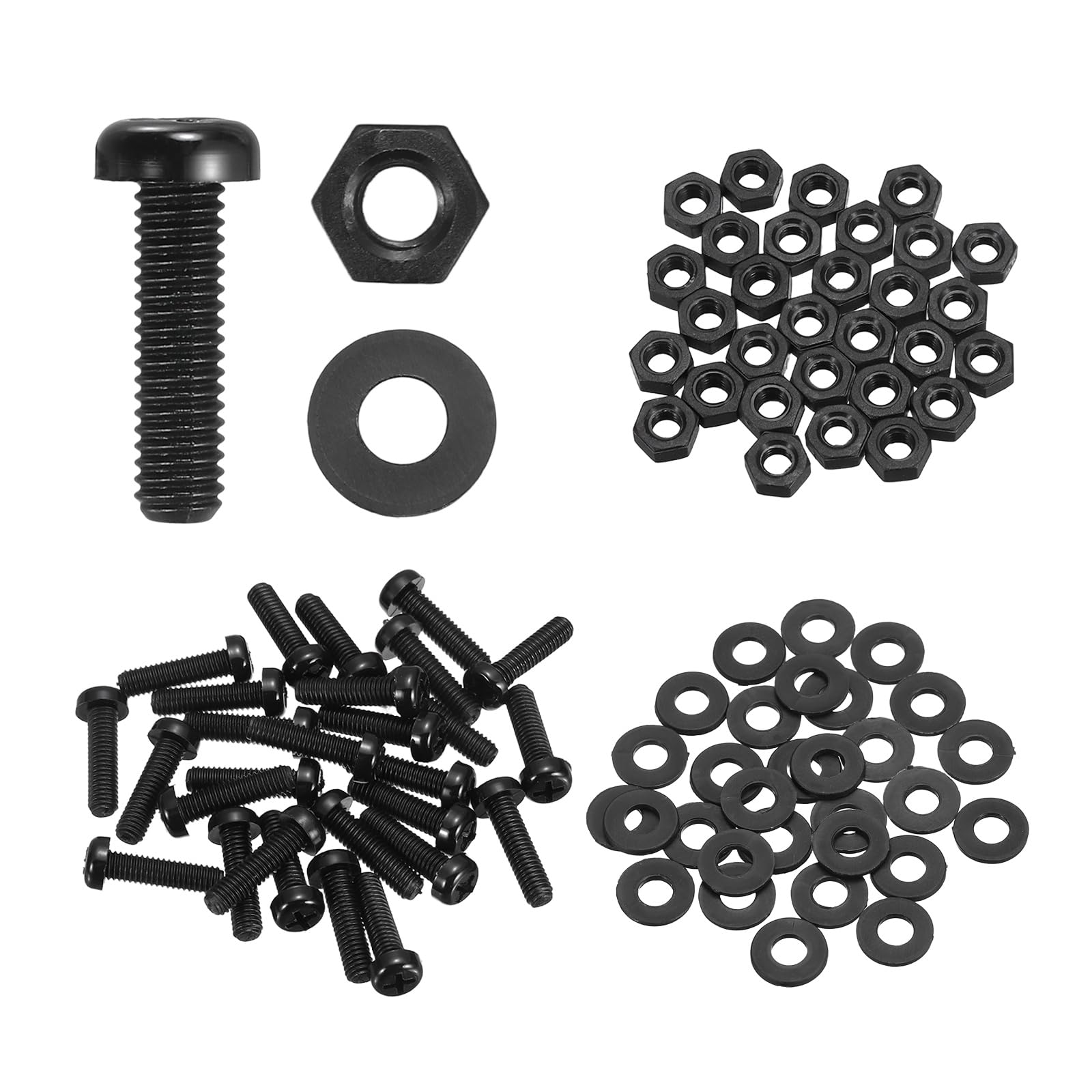 sourcing map 30 Set M4x15mm Nylon PA66 Plastic Cross Round Head Screw Phillips Bolts Hex Nuts Flat Washers Assortment Kit, Metric Full Thread Bolt Fasteners for DIY Machine Assembly, Black โ image 1