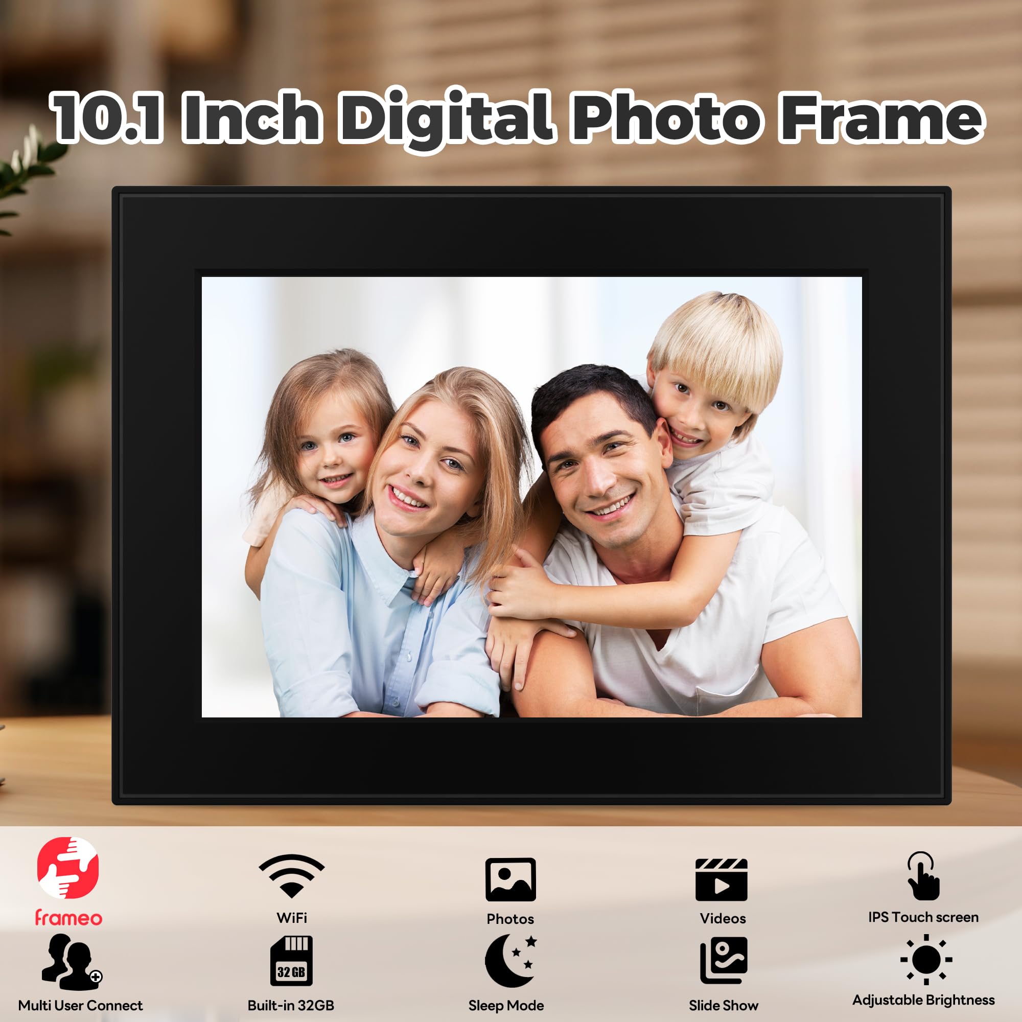Marco de fotos digital WiFi de 32 GB, marco de fotos Frameo de 10.1 pulgadas, pantalla táctil IPS HD de 1280 x 800, rotación automática, comparte fotos/videos al instante a través de la aplicación
